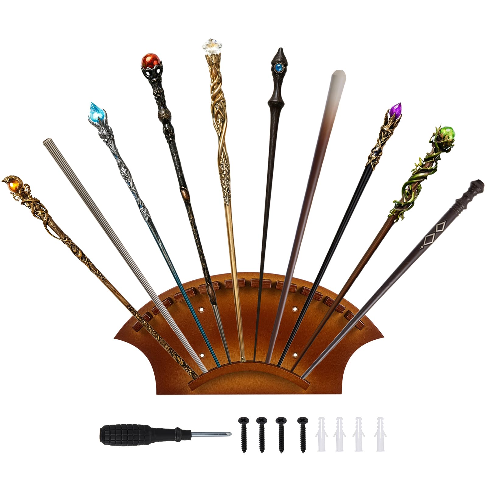 Otoolling 1 Pcs Wand Holders Wall Mount for 10 Wands, Wood Magic Wand Display Stand Holder, Brown Wall Mounted Bracket Decor for Collectors and Enthusiasts, Living Room, Bedroom and Office
