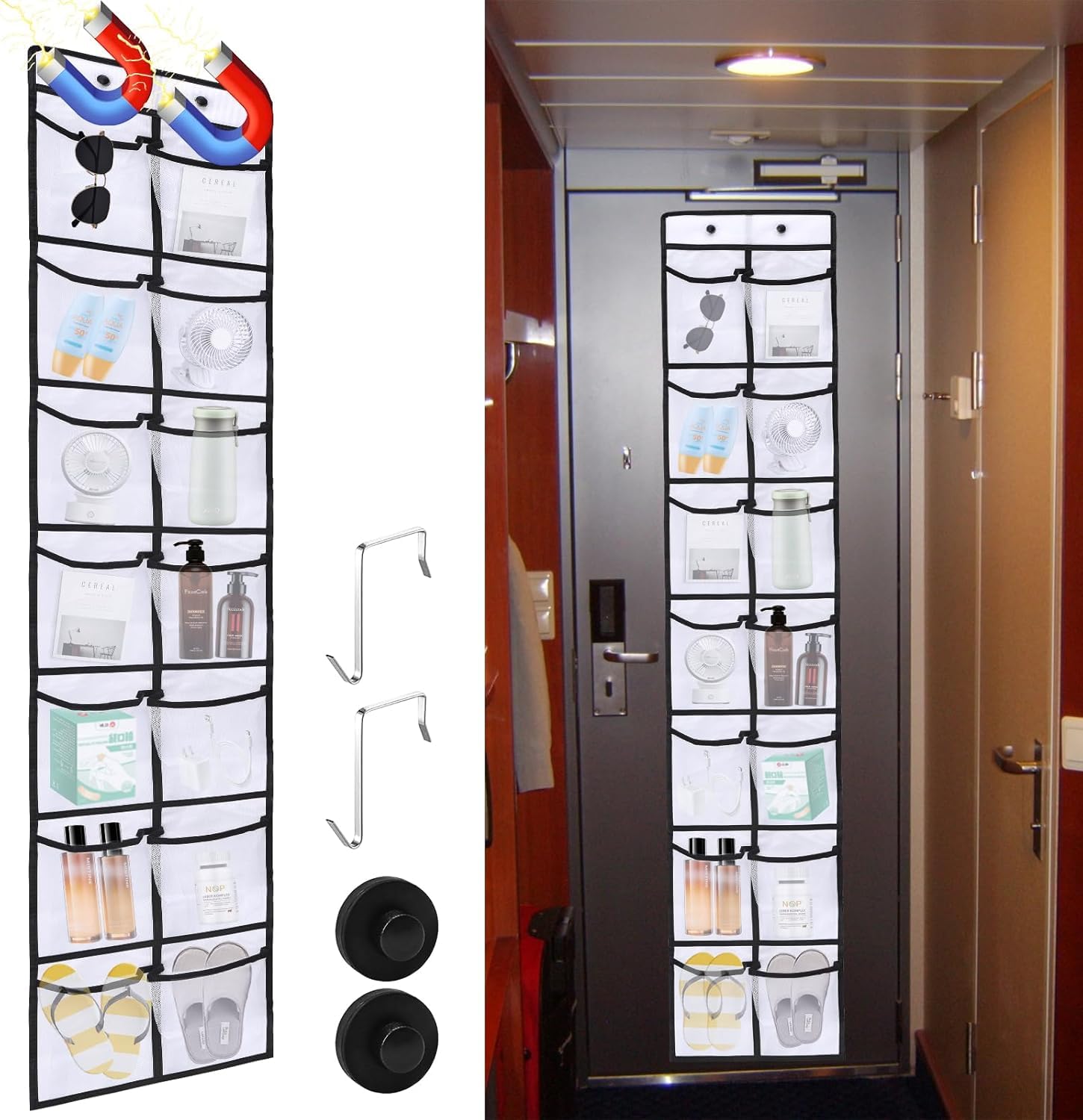 HAEZU Over the Door Shoe Storage Organizer, Magnetic Door Organizers with 14-Pocket,Hanging Shoe Rack Holder for Wardrobe Door Tidy with Hanger(White)