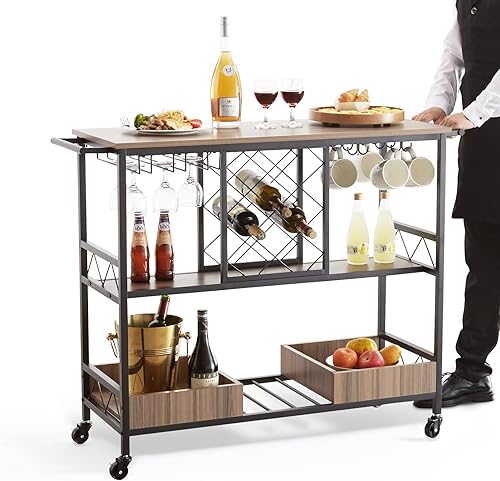 Miniatura 9 de VEVOR Carrito de bar, carrito de servicio para el hogar, 3 niveles y 300 libras, estación industrial de bebidas con ruedas con bloqueo, carrito de