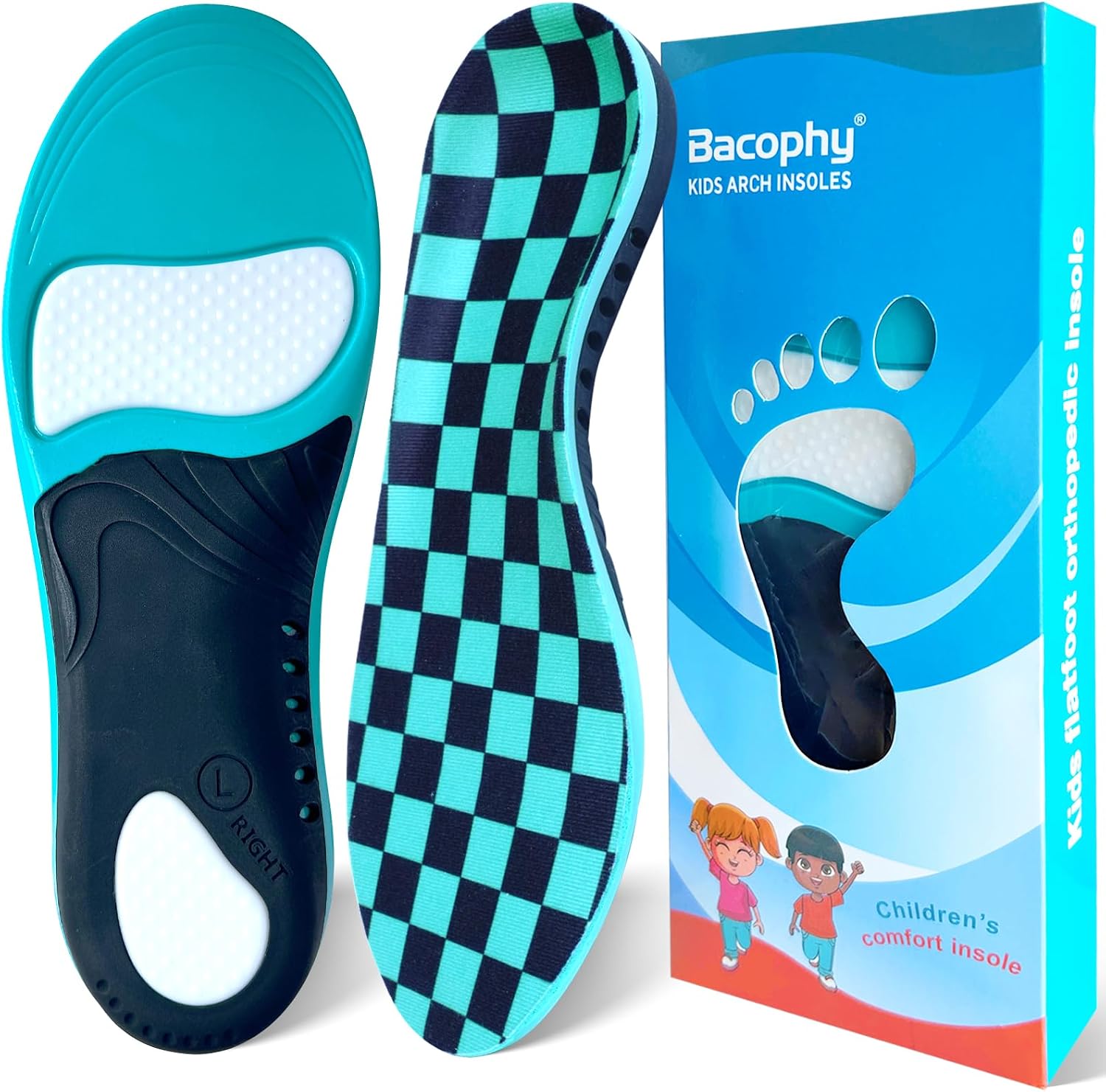 Bacophy Kids Arch Support Insoles Children Orthotic Inserts for Plantar Fasciitis, Flat Feet, Heel Pain Relief, Premium Pu, TPU, Gel Shock Absorption Deep Heel Cup Cushioning Inner Sole