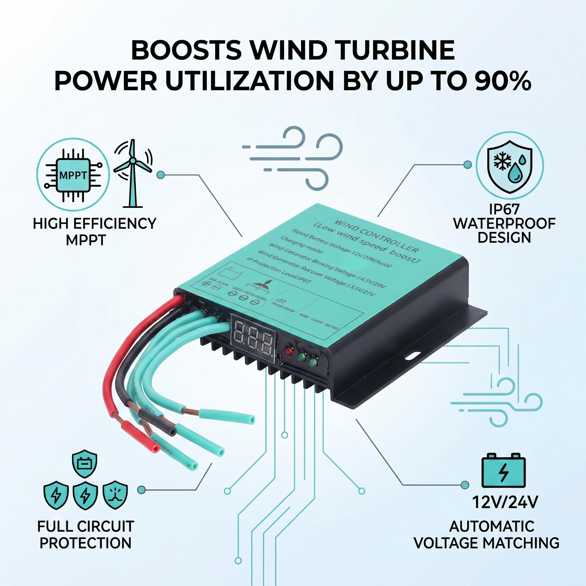 Fafeicy Regolatore di Carica MPPT per Turbina Eolica 12V 24V Automatico Impermeabile IP67 con Display LED 100W-600W Controller Carica Eolico Fotovoltaico Accessorio