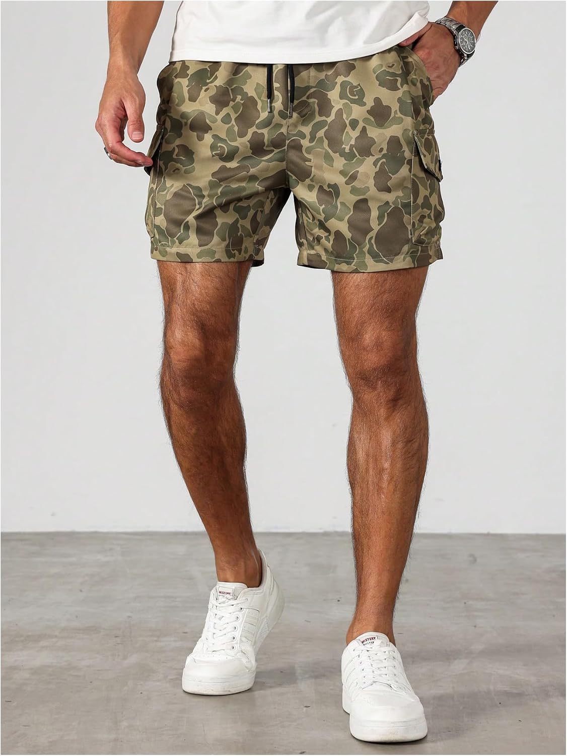 VIPWOLF Men's Camo Cargo Shorts Drawstring Waist Outdoor Hiking Shorts with Flap Pockets