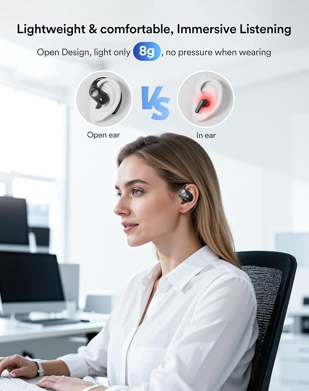 Eigsupia Open Ear Headphones, Bluetooth Headphones 5.3 Sports with Smart Digital Display, 36H Playtime, IP54 Waterproof, Wireless Earbuds Lightweight Design Fit Cycling, Running, Workout (Black) image 6