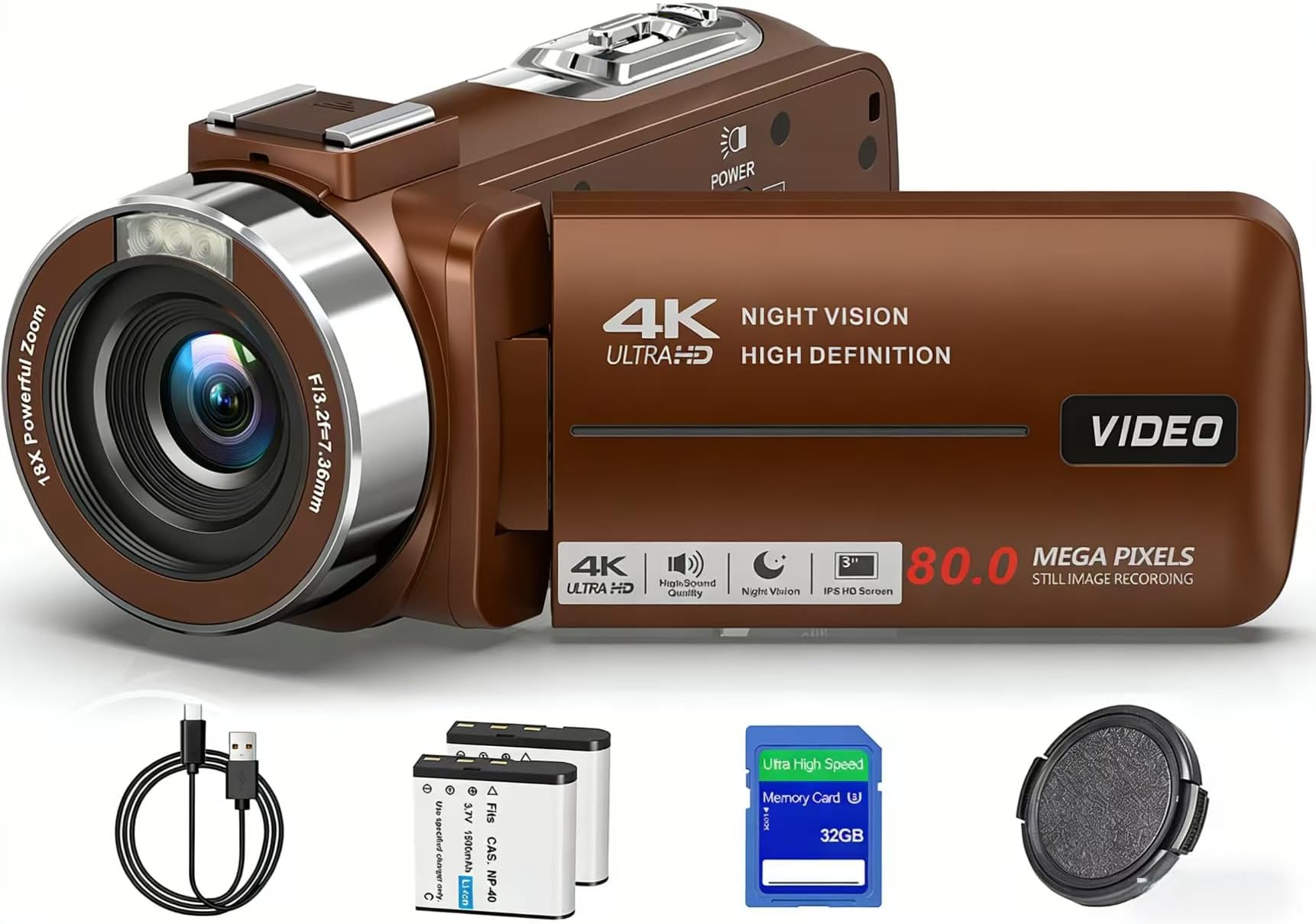 4K Camcorder Video Camera Ultra HD 80MP IR Night Vision Vlogging Camera for YouTube,18X Digital Zoom Camcorder Recorder 3.0" 270°Rotation IPS Screen with 32GB SD Card, Lens Cap and 2 Batteries Brown