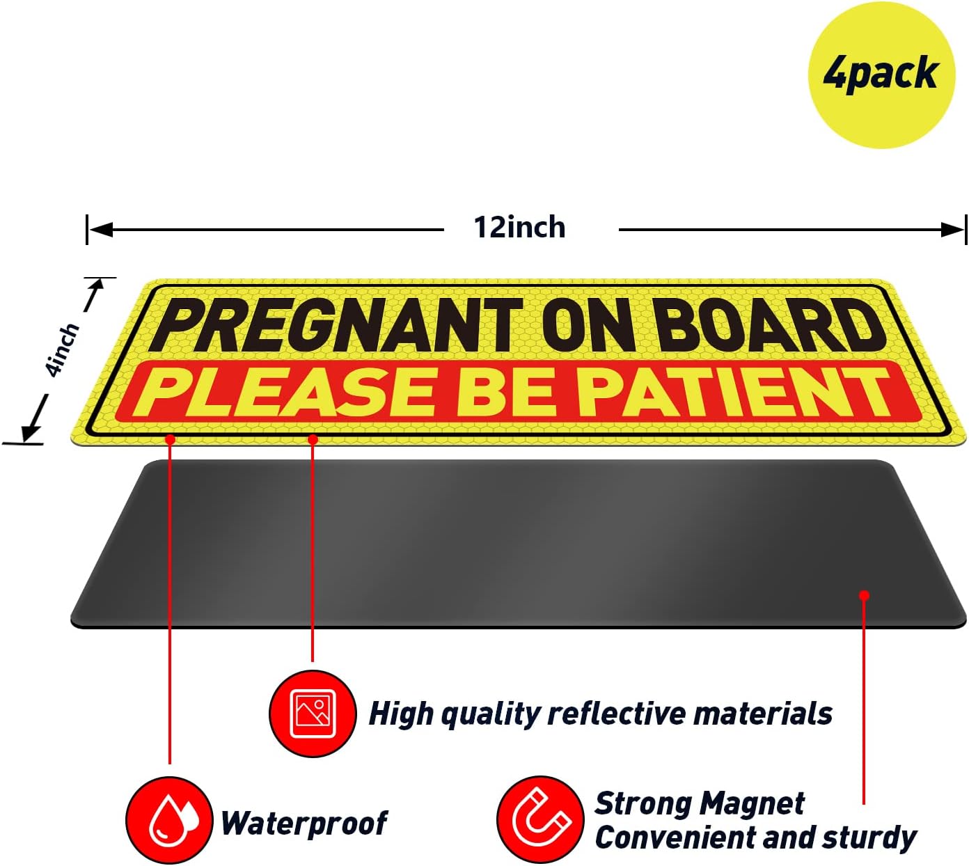Pregnant on Board Car Magnet (4 Pack) 12 × 4 Inches Reflective Caution Pregnant Woman on Board Warning Magnetic Safety Pregnant in Car Decal for Cars Trucks Vans