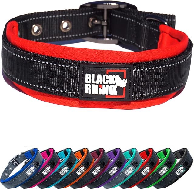 Black Rhino - The Comfort Collar Ultra Soft Neoprene Padded Dog Collar for All Breeds - Heavy Duty Adjustable Reflective Weatherproof (Large, Red/Black)