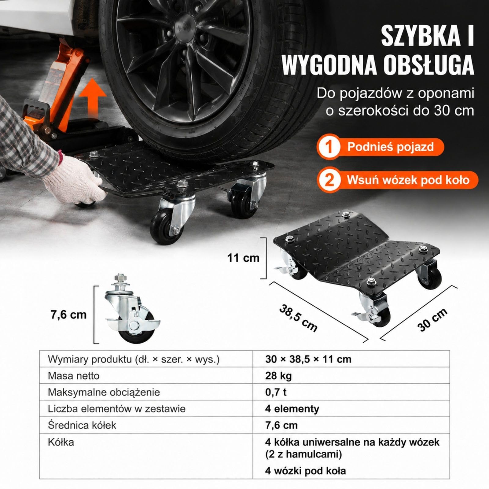 4-częściowy stalowy zestaw wózków pod koła, czarne rolki z kołami skrętnymi do samochodów, motocykli i pickupów