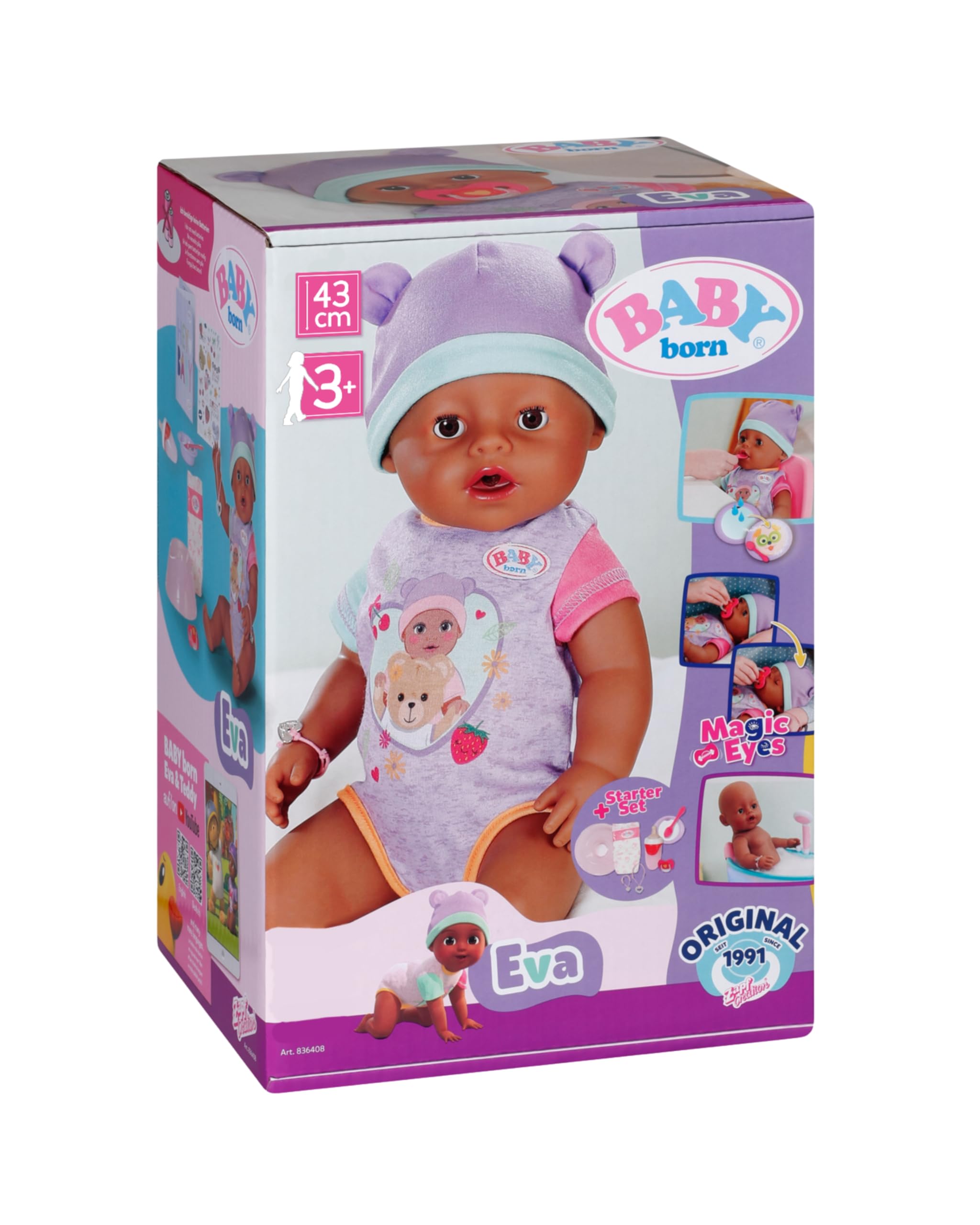 BABY Born Eva - 43 cm große Babypuppe - 10 Funktionen inkl. Accessoires & Strampler - Funktioniert komplett ohne Batterien - Geeignet für Kinder ab 3 Jahren
