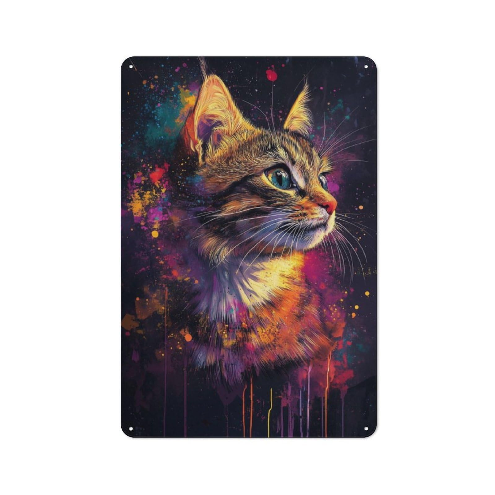 Junmoney Colorful Cat Portrait Friendly Metal Wall Decor 30X20cm, Decorative Metal Plaque For Coffee Bar, Small Shop Or Dining Room