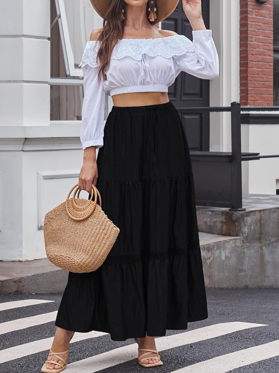 DJT Women's Boho Elegant Lace Trim Swing Tiered Maxi Skirt High Waisted Tie A Line Flowy Long Skirts with Pockets - Image 5