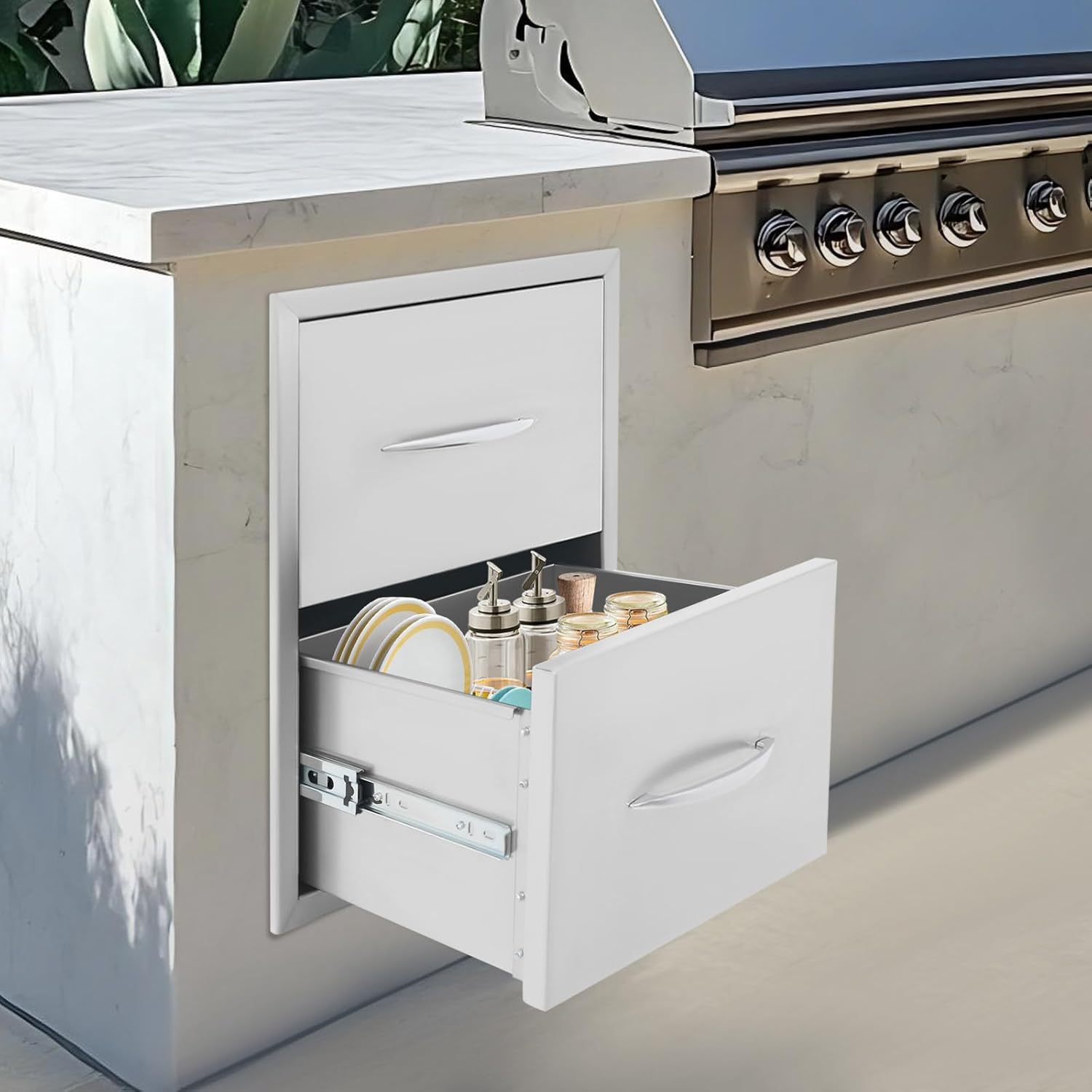 Outdoor Kitchen Drawers, 17.7*11.3*20.1 Inch Stainless Steel BBQ Drawer, Flush Mount Double BBQ Drawer, Double Layer Access BBQ Access Drawers for Outdoor Kitchen Island, Patio Grill Station
