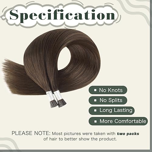 Miniatura 3 de Extensiones de cabello humano de queratina con punta en I de 14 pulgadas, color marrón chocolate, extensiones de cabello lacio y sedoso de fusión