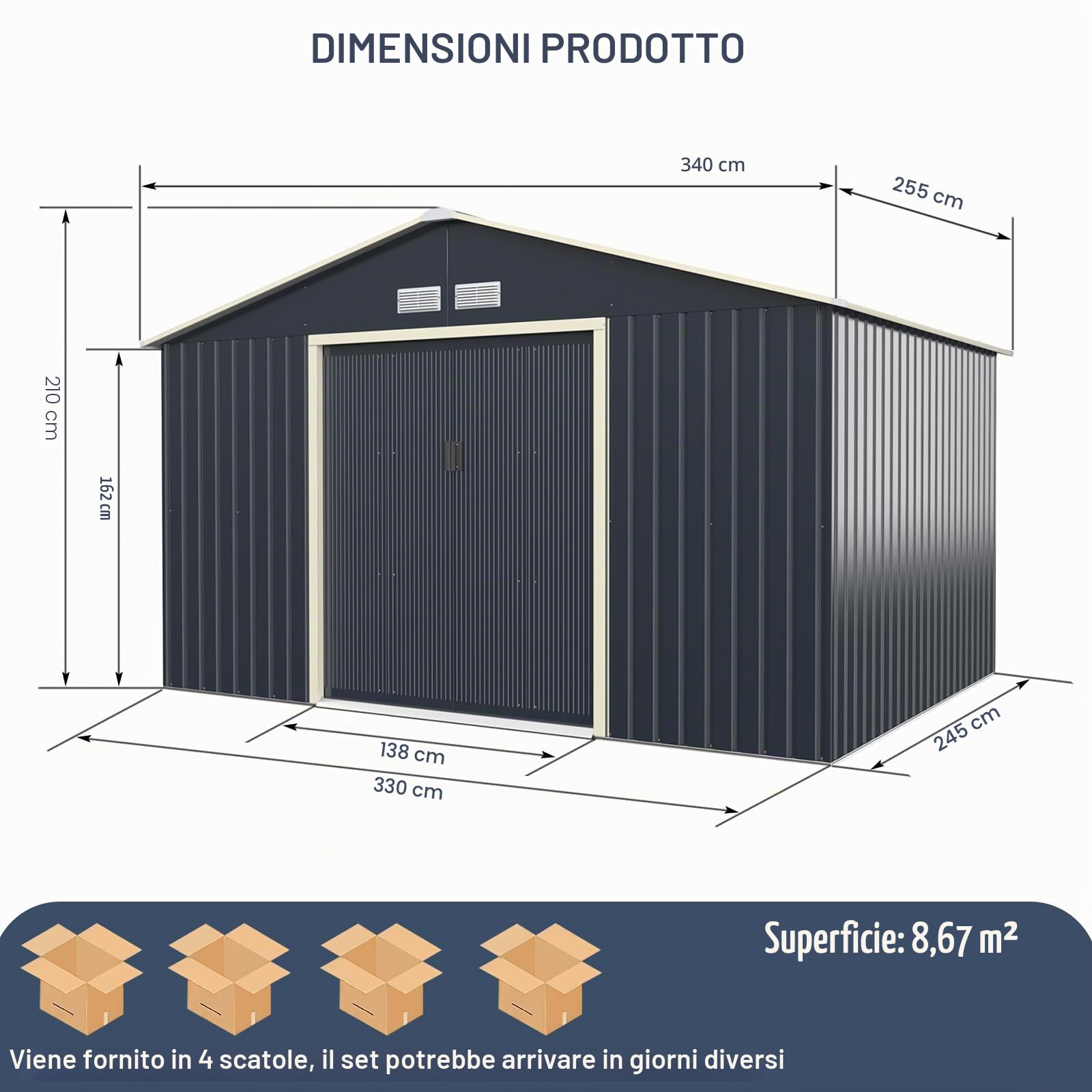 HOMASIS Casetta da Giardino in Metallo, Casetta Porta Attrezzi da Giardino con 2 Finestre di Ventilazione e 2 Porte Scorrevoli, Capanno da Giardino con Tetto a Falde, Grigio, 340 x 255 x 210cm