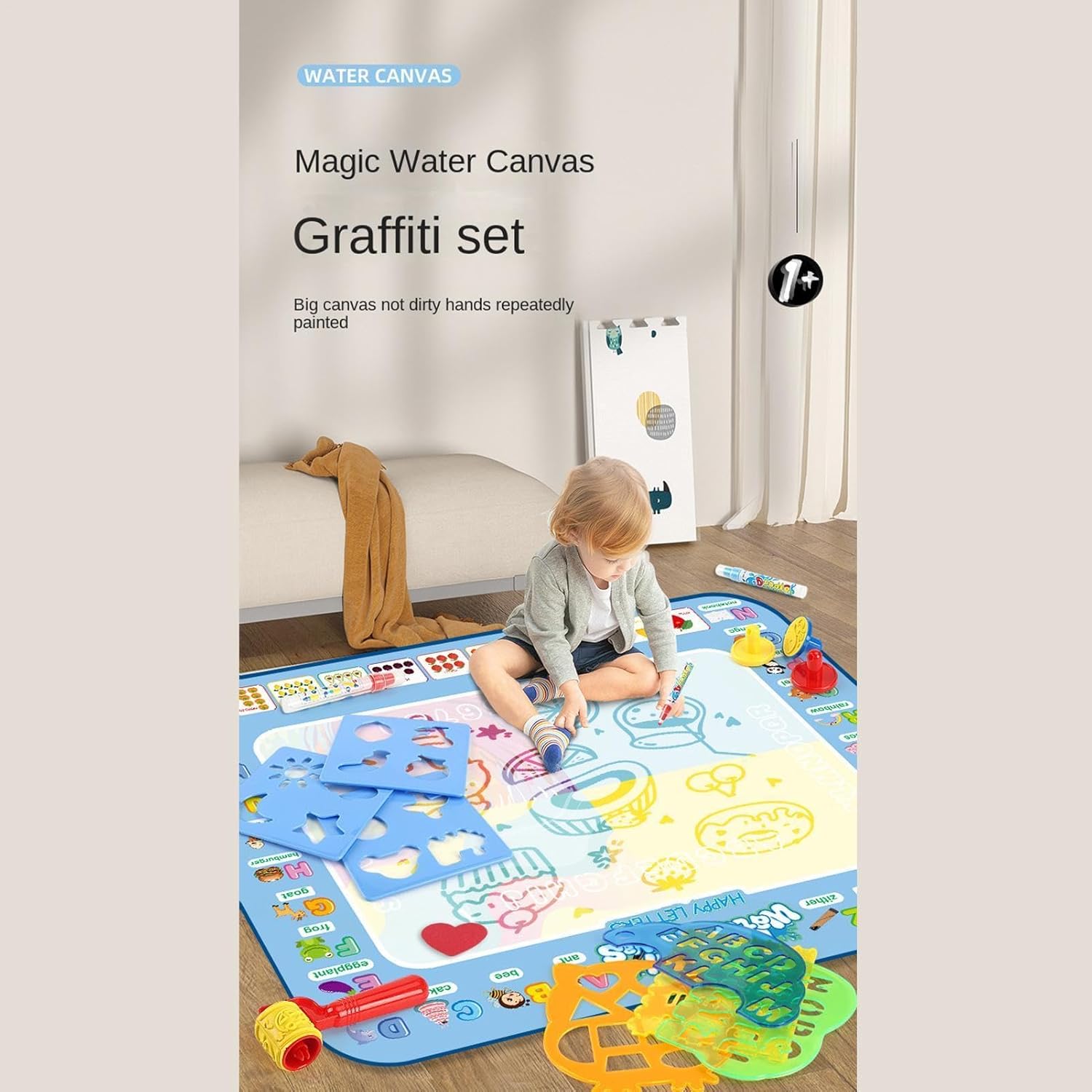 Water Doodle Mat - Large Watercolor Painting Mat for Kids | Reusable Learning Writing Board with Pens & Stamps | Portable Educational Painting Toys for Kids Aged 3-8 (A)