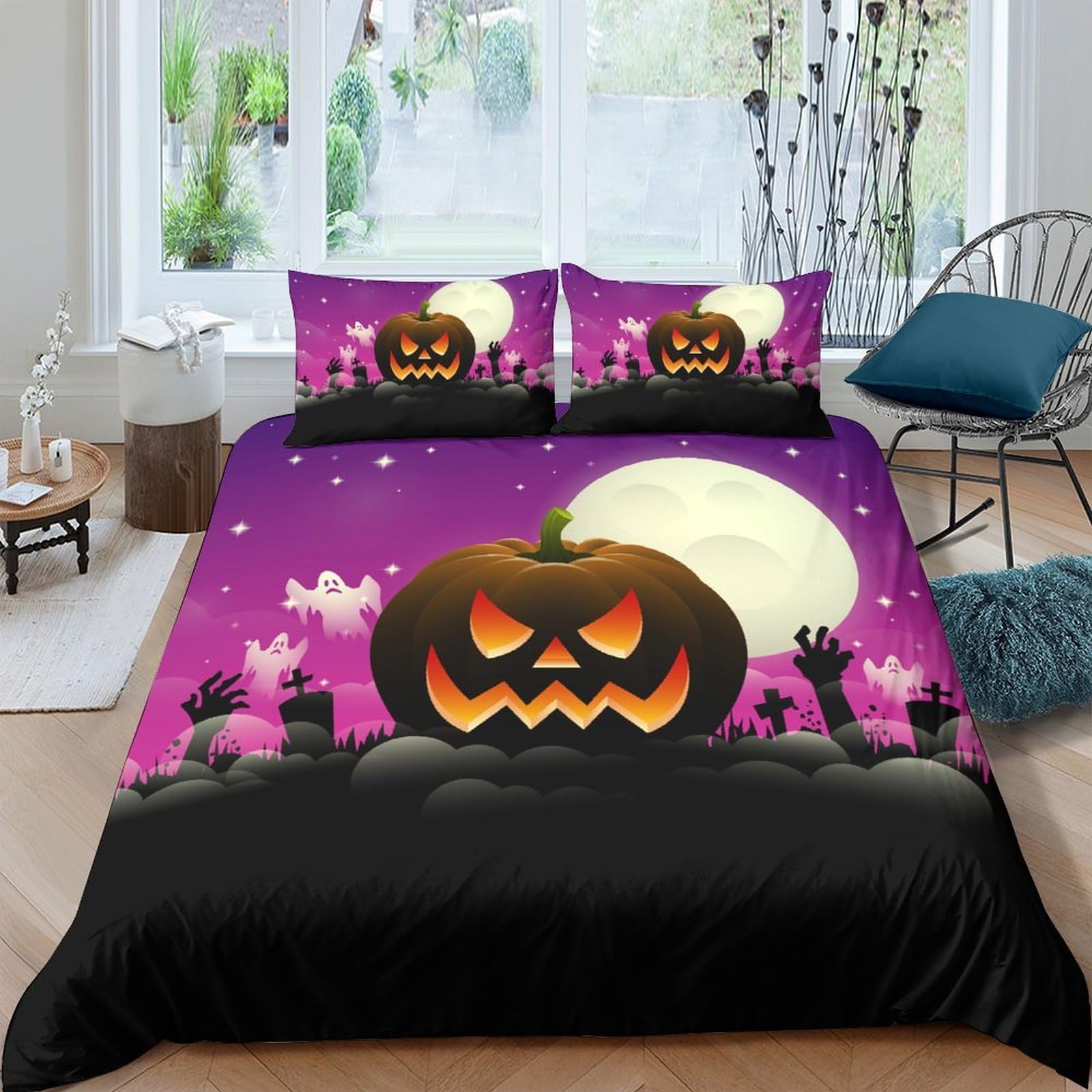 Ctjqhvkz Style-2 3D Printed Halloween Pumpkin Fitted Sheet Microfiber Soft Purple Moon Graveyard Bed Cover For Bedroom Dorm Mattress Protection Decor Single（135X200cm）
