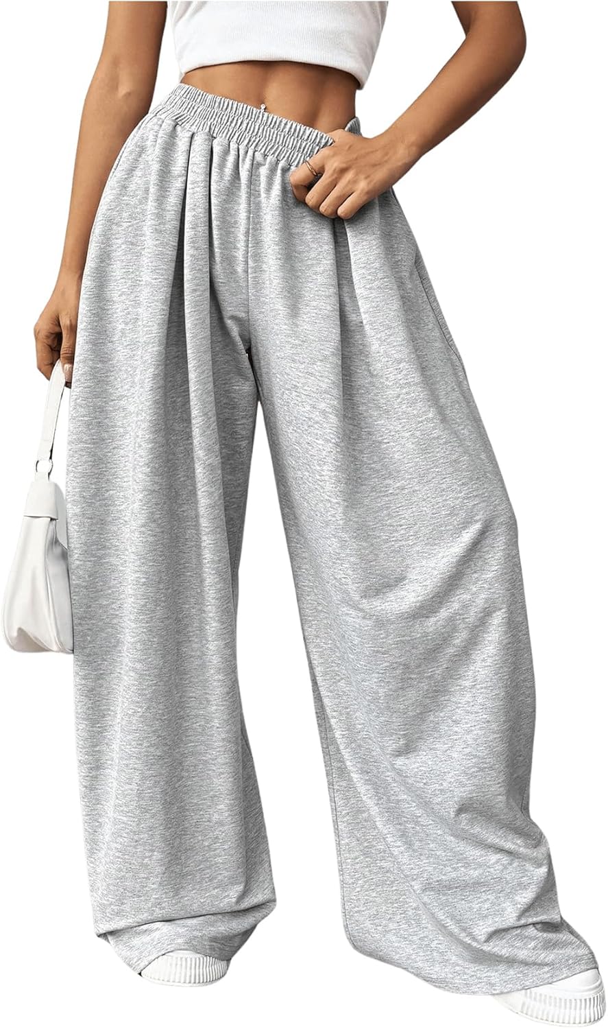 SweatyRocks Women's Barrel Pants Wide Leg High Waist Baggy Sweatpants Elastic Oversized Athletic Joggers Trousers