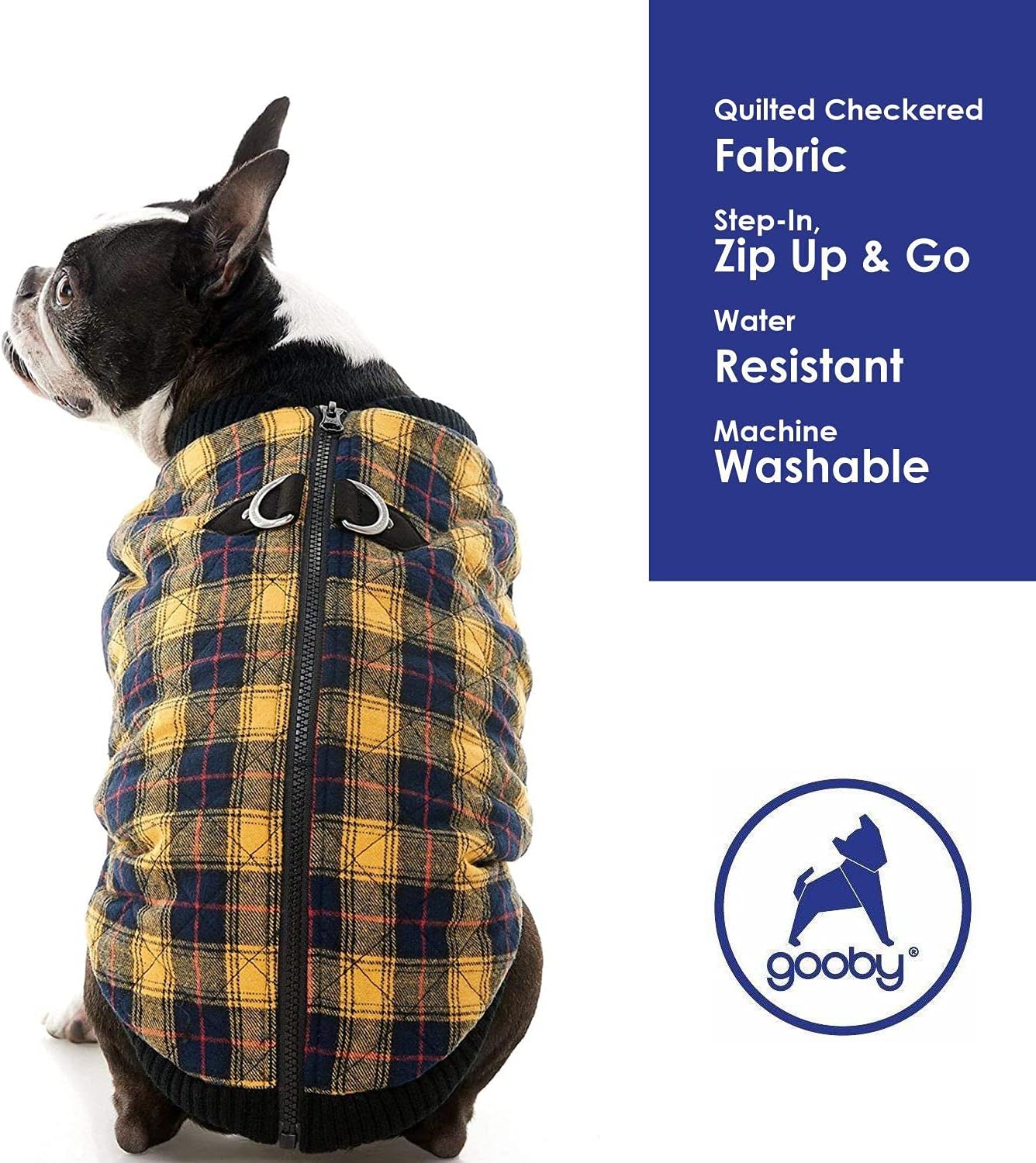 Gooby Fashion Zip Up Dog Bomber Vest, Check, Medium, Warm, Water Resistant, Yellow, Small & Medium Dogs, Dual D Ring Leash - Image 5