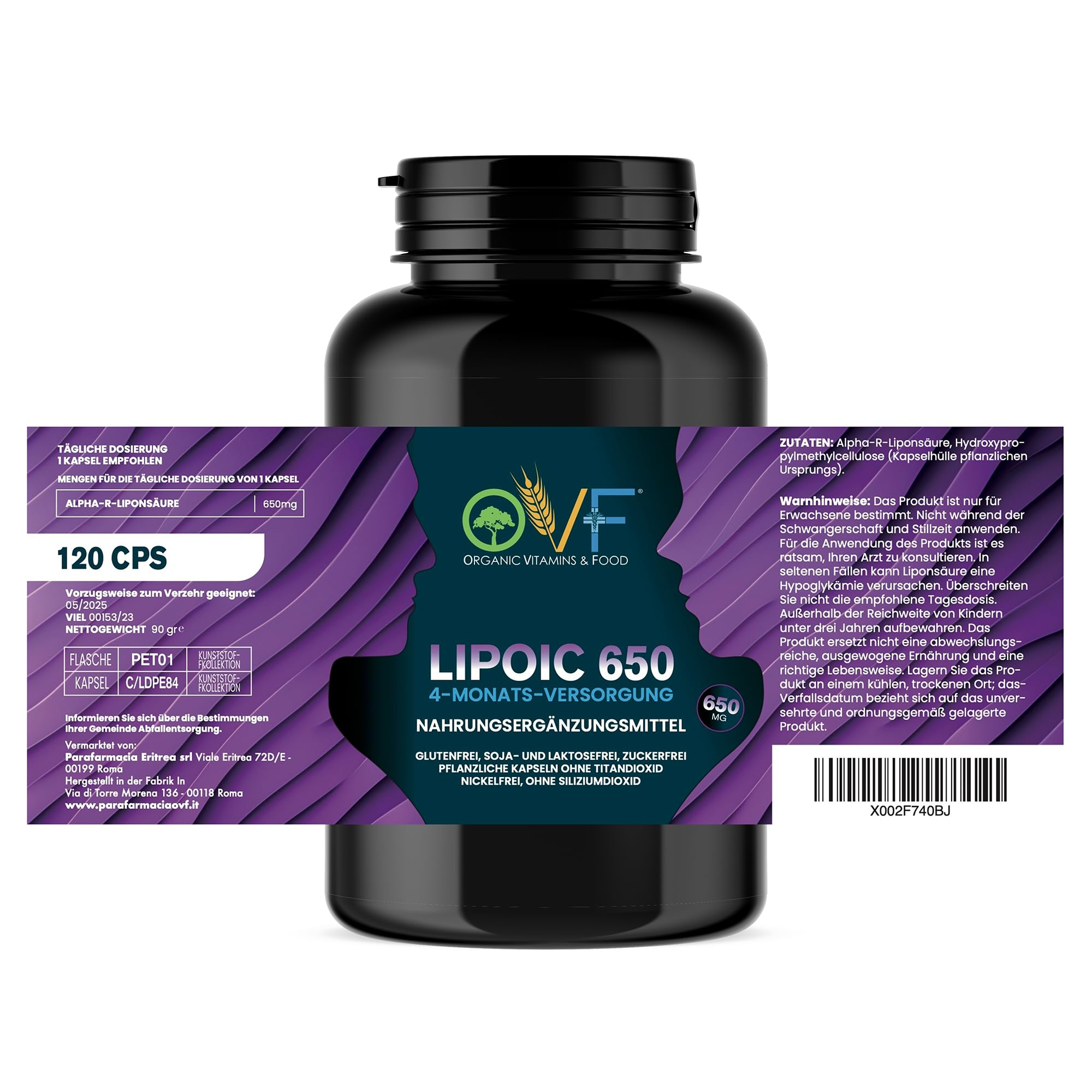 OVF R-Alpha Liponsäure 650 mg Hochdosiert, 120 Vegane Kapseln (4 Monate Vorrat), Starkes Antioxidans für Energie, Nerven & Stoffwechsel, Ohne Siliciumdioxid, 100% Made in Italy