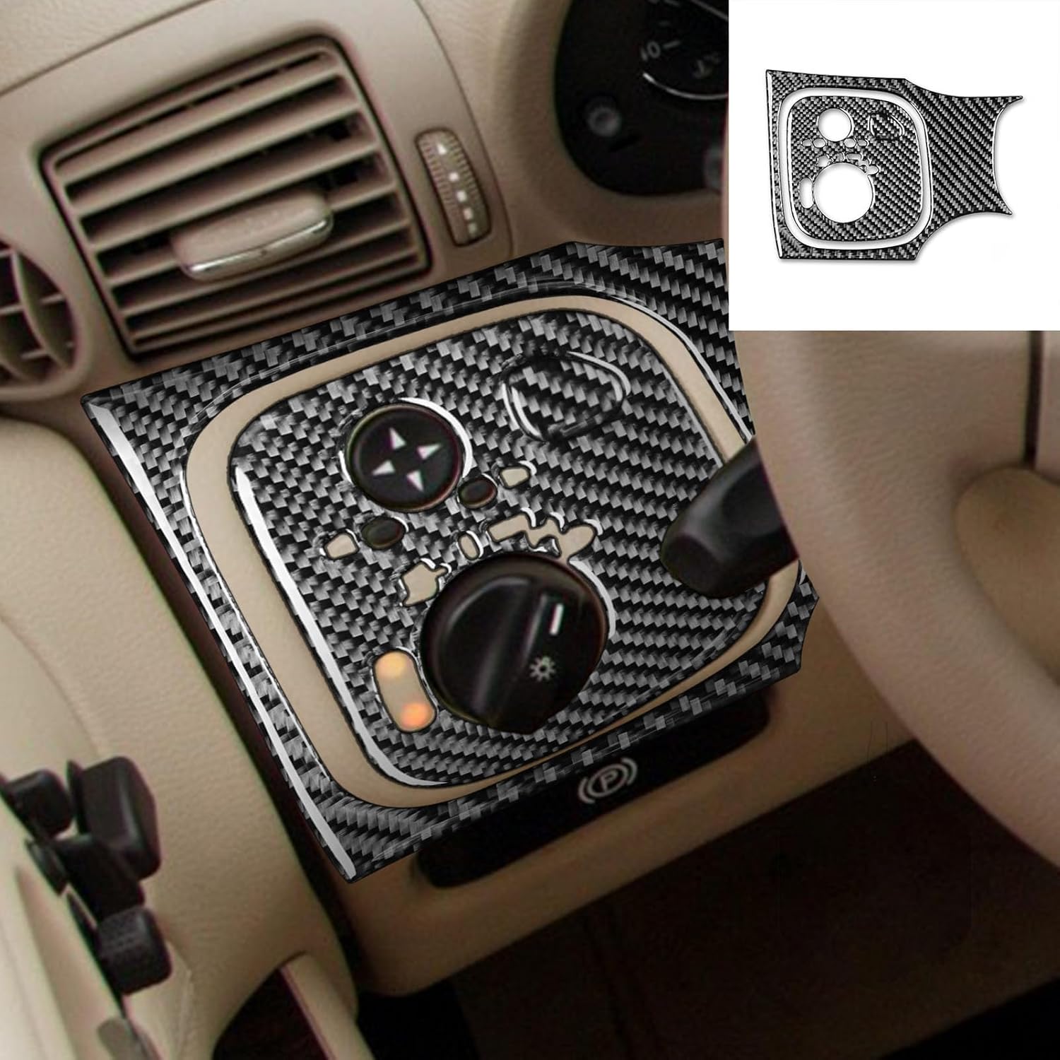Car Carbon Fiber Accessories Dashboard Driver Side Light Control Panel Kit 3pcs Protective Cover Sticker Compatible with Mercedes Benz C Class W203 2005 2006 2007