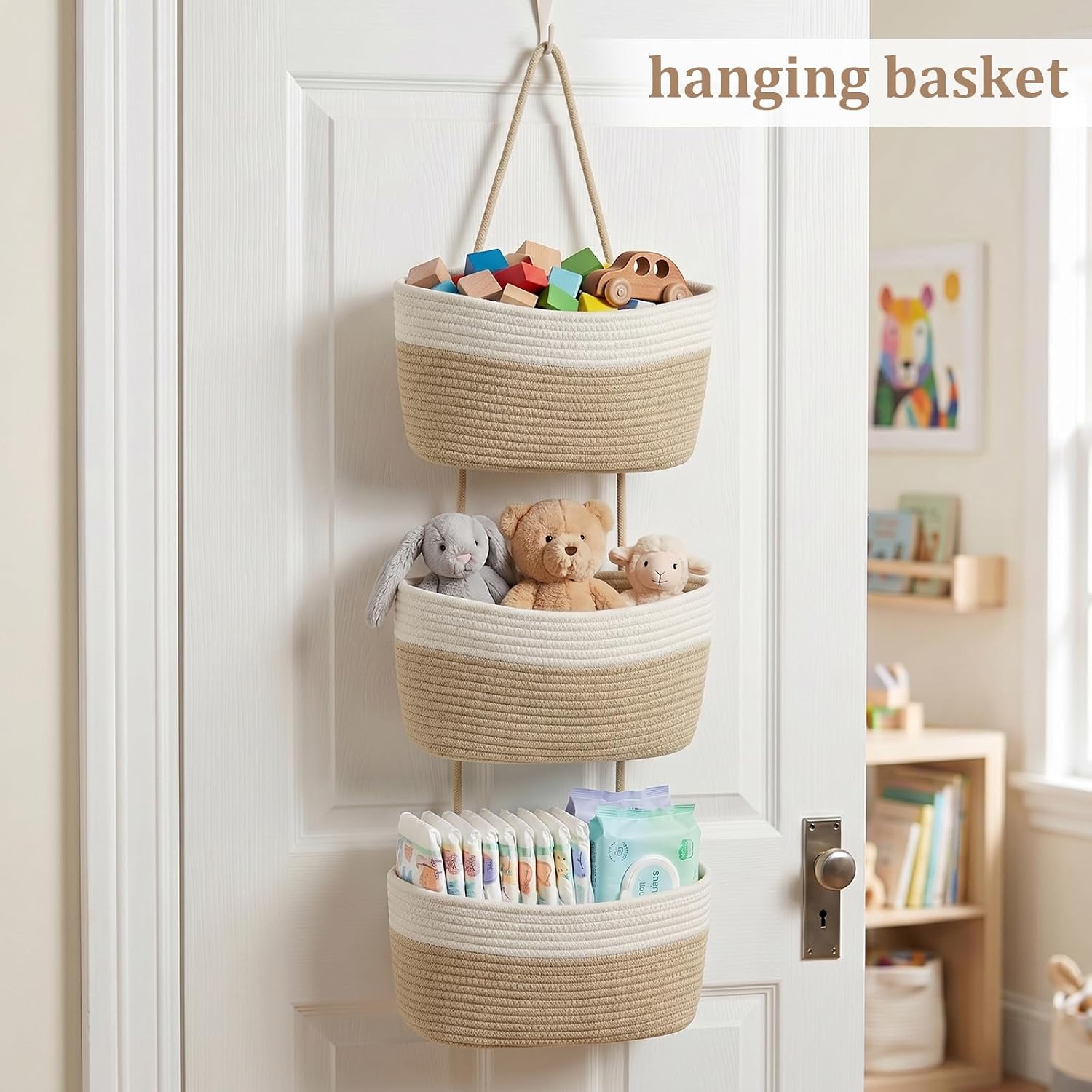  Over the Door Hanging Basket, 3-Tier Woven Cotton Wall-Mounted Storage Organizer Bag Decorative Hanging Nursery Baskets, White & Jute thumbnail