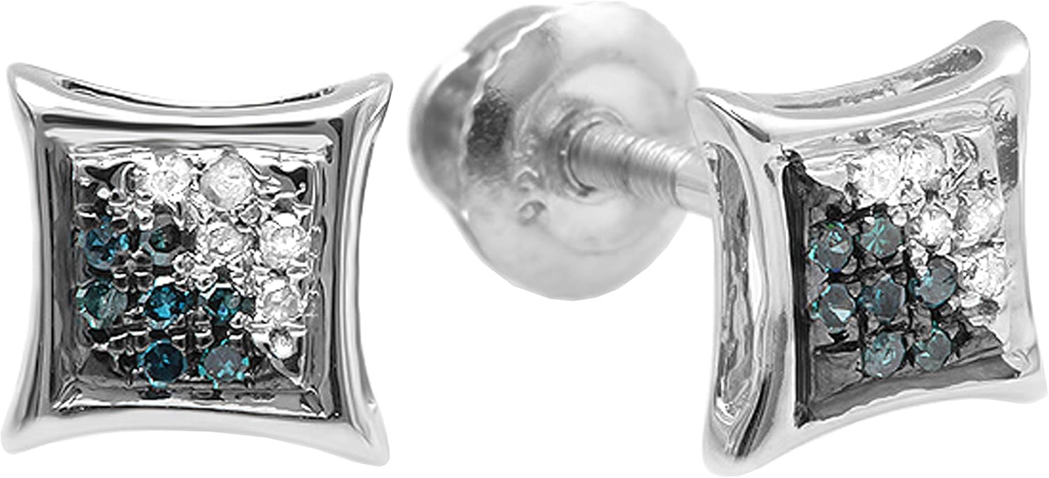 Dazzlingrock Collection 0.07 Ctw Natural Round Blue & White Diamond 5.85mm Micropave Kite Hip Hop Iced Out Studs, Screw Back,Unisex Design Ladies,Mens Real Diamond Earrings