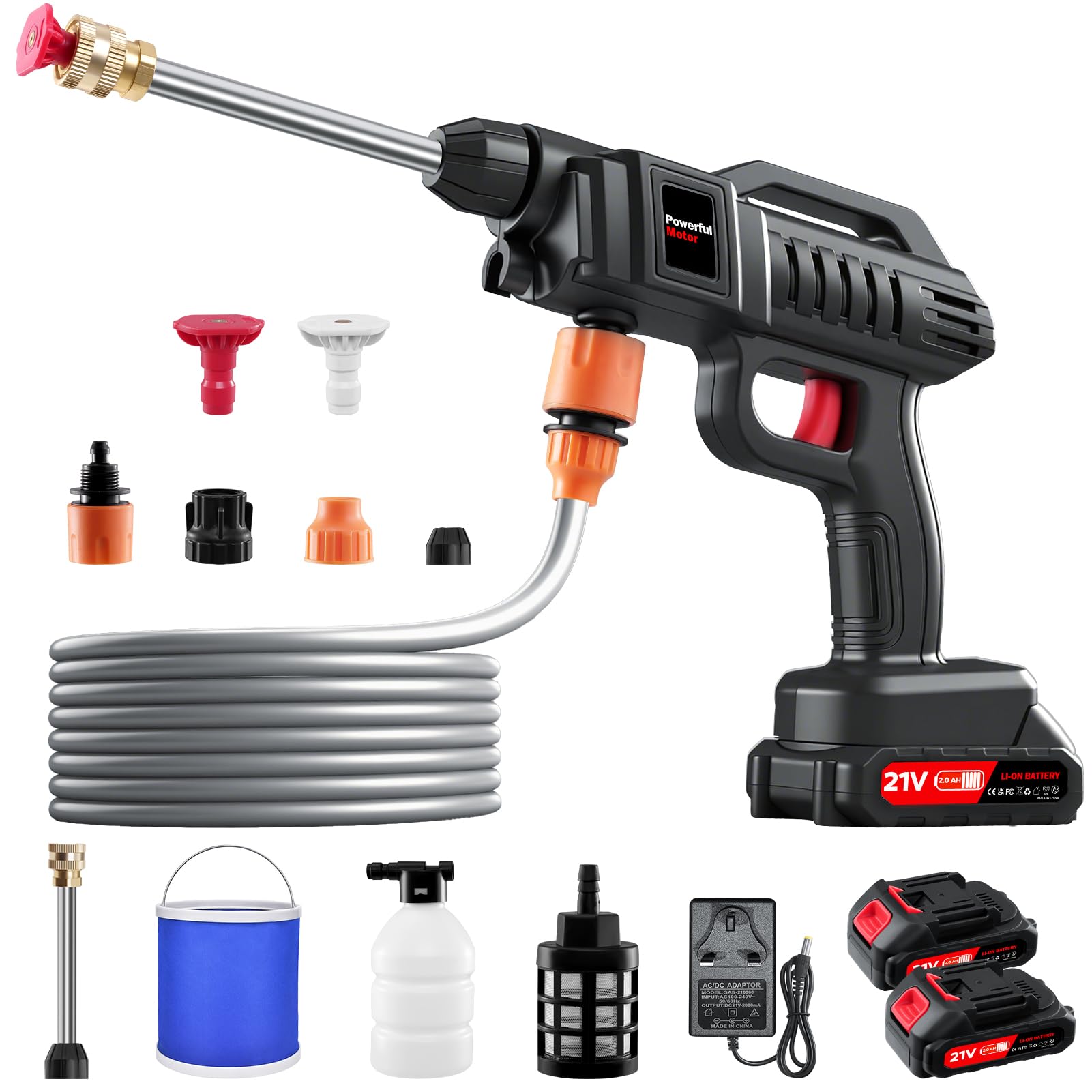 Cordless Pressure Washer 21V - Portable Power Washer with 2 Batteries,5M Hose,Foam Lance,2 Rotating Nozzles,Handheld Battery Jet Wash for Car,Motorbike,Windows Cleaning & Garden Watering — view 9