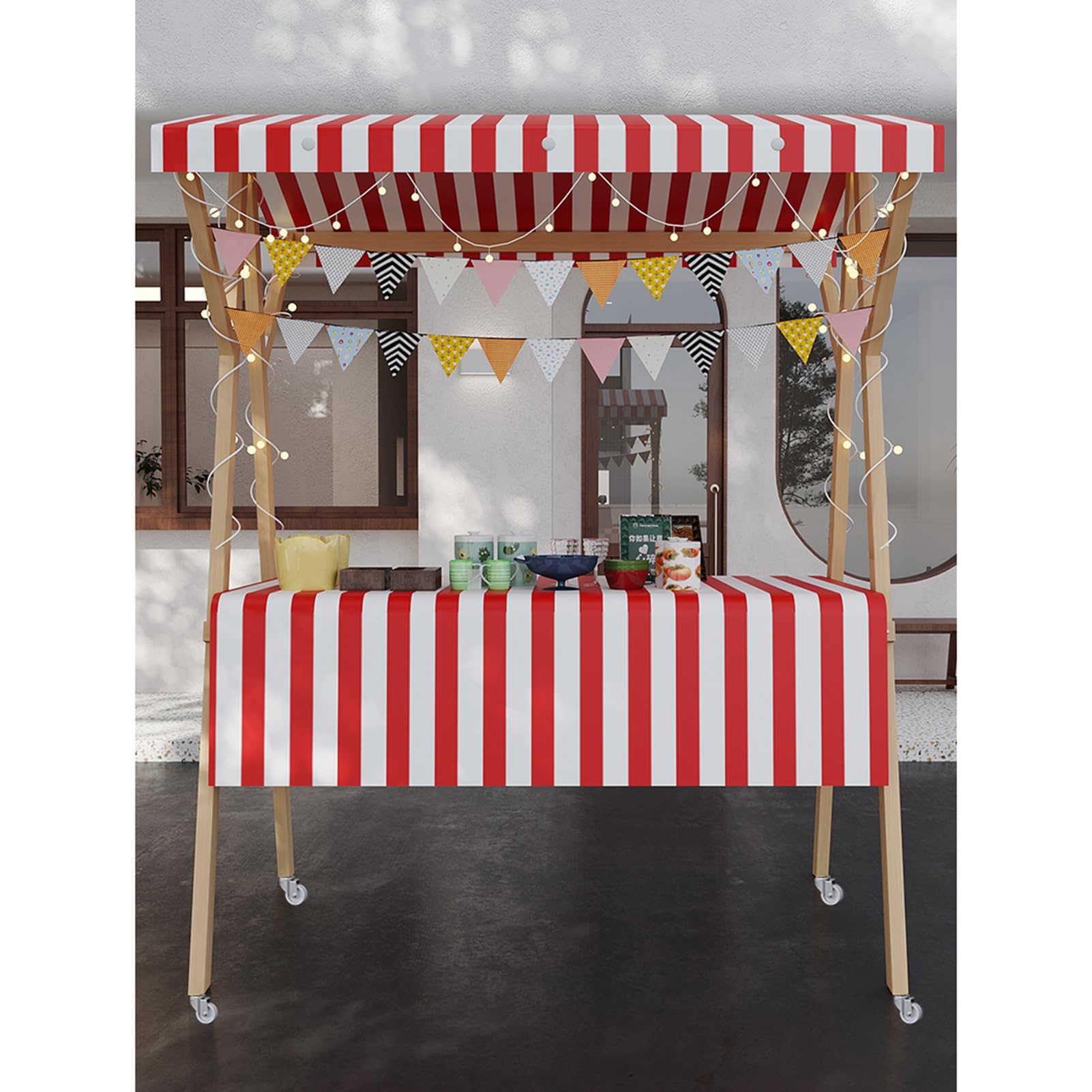 Chariot de restauration mobile pliable en bois de 120 cm avec auvent rouge