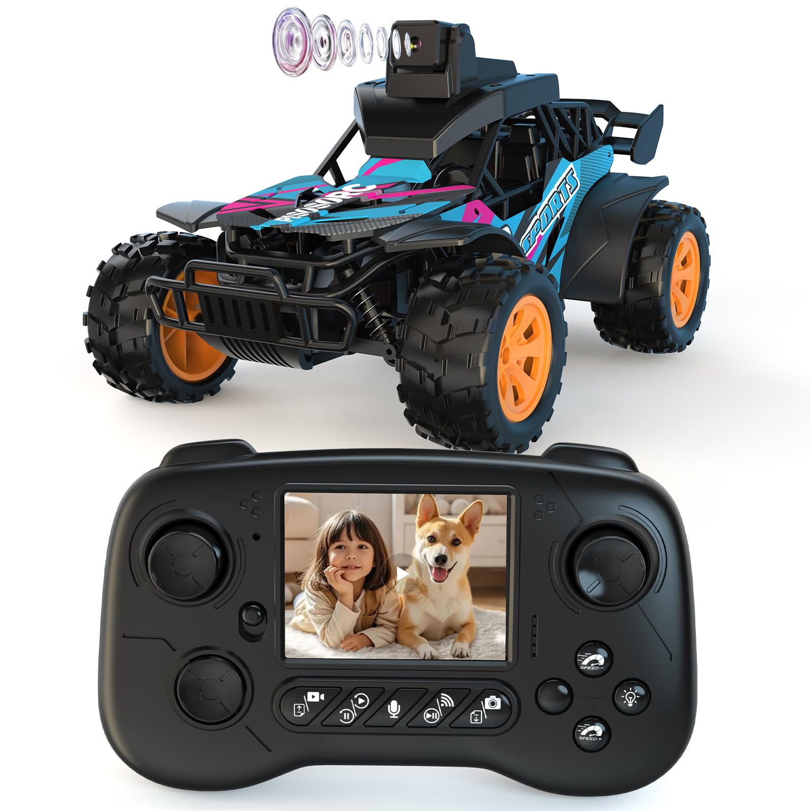Auto RC con Telecamera FPV, Camion RC, Schermo 2.8'', Telecamera 60° Regolabile, Video Live, Controllo App/Radio 2.4GHz, 2 Velocità, Auto RC Fuoristrada Ricaricabile, Regalo per Adulti e Bambini