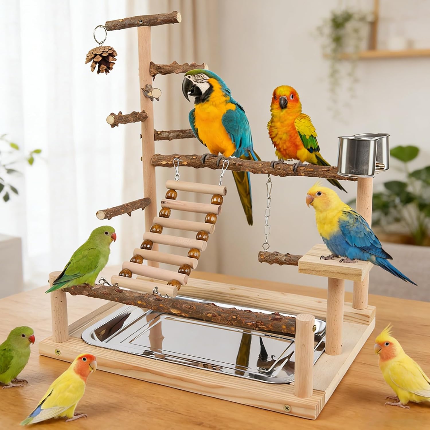 Parrot Stand, with Stainless Steel Cup and Tray, 1 Set, Bird Playstand, Wooden Bird Playground with Swing, Encourages Activity, for Cockatiel Conure Finch Lovebird Exercise