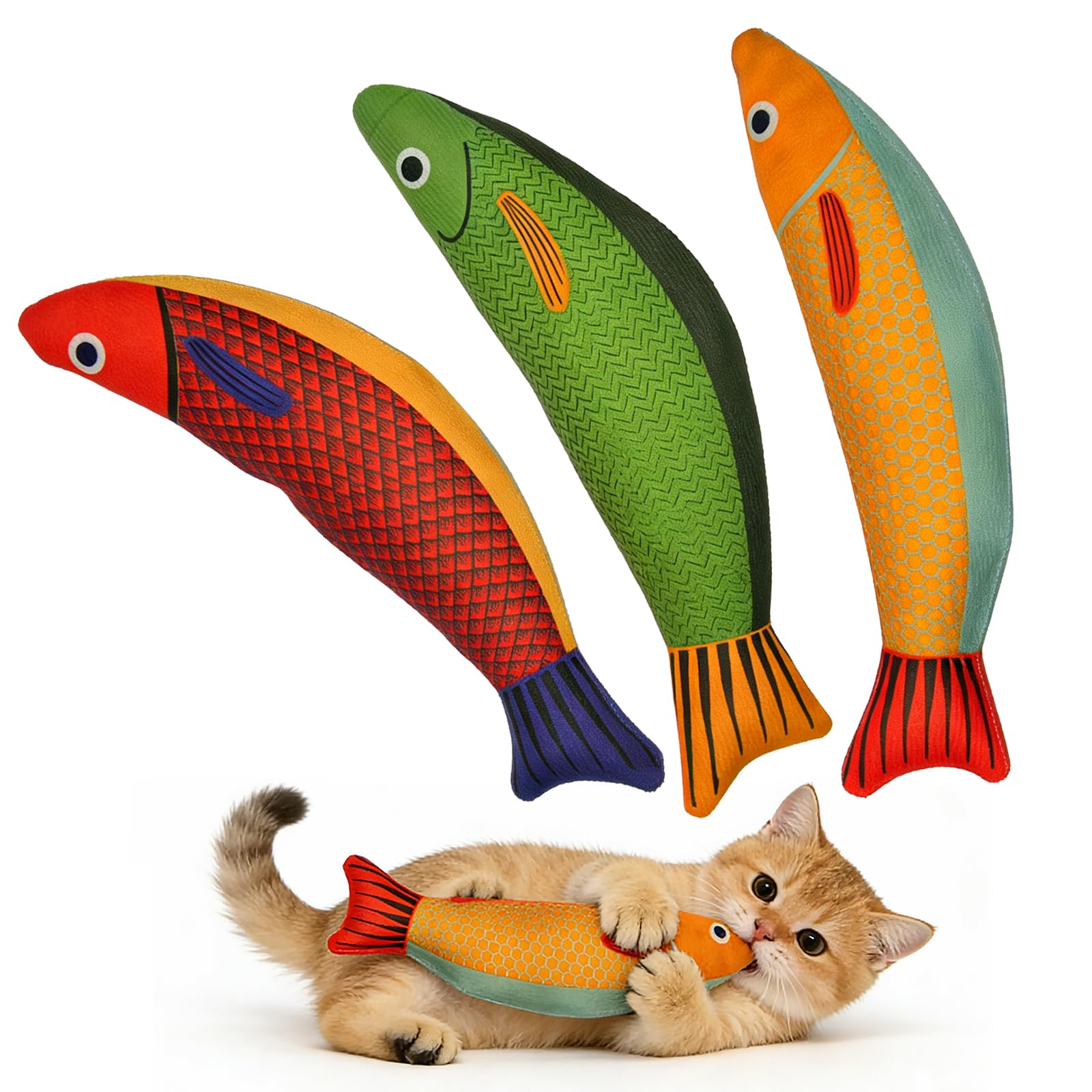 Catnip Toys for Indoor Cats & Kittens | 3 Pack Fish Kicker, Soft Plush, Crinkle Sound, Interactive Play | Cat Toys For Indoor Cats Kitten
