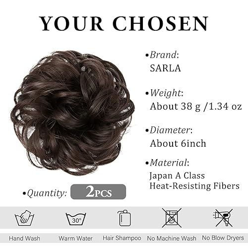Miniatura 2 de SARLA 2 piezas de cabello desordenado de color marrón oscuro, ondulado, rizado, sintético, extensiones de moño para mujeres y niñas