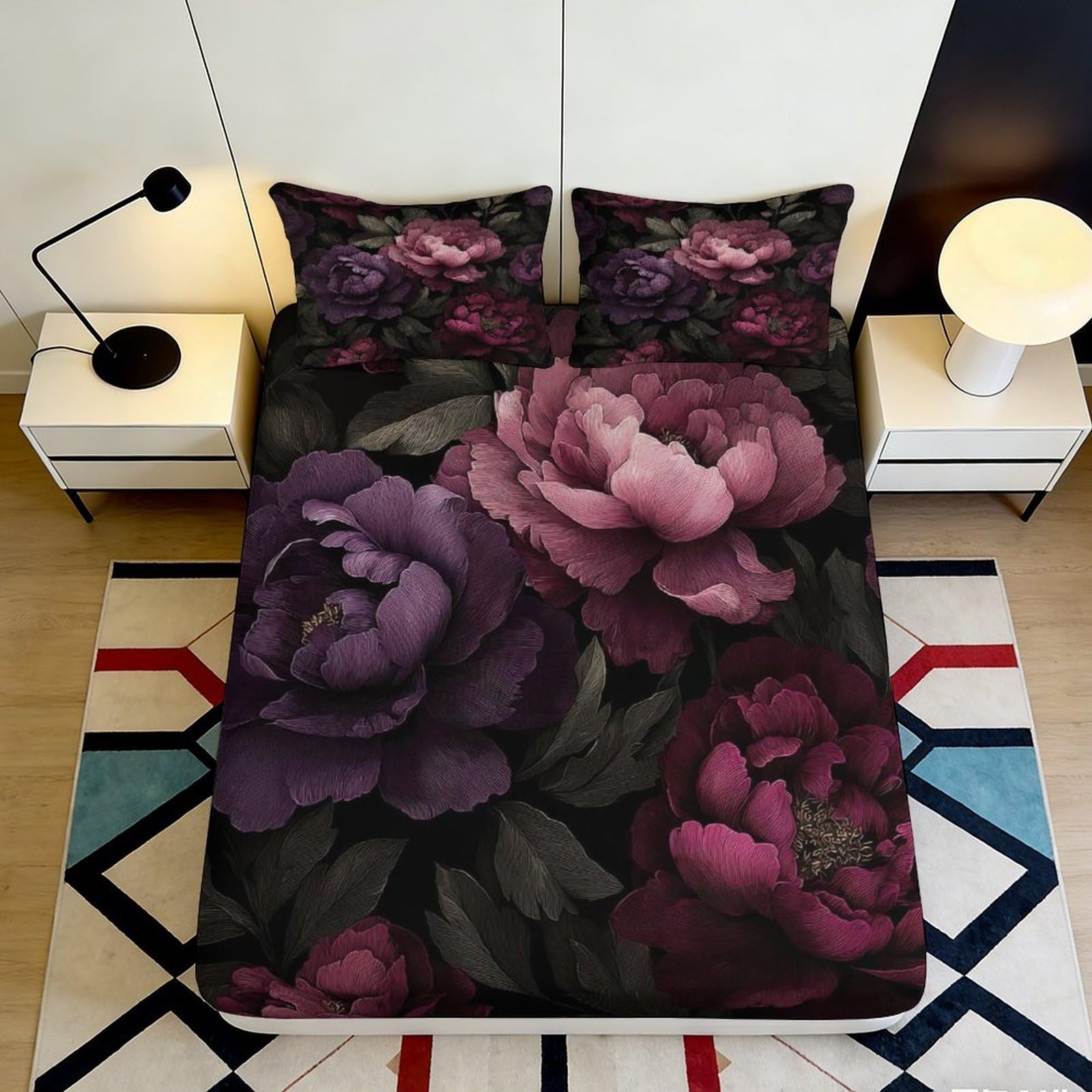 Pnayamiorkfel Style-7 3D Printed Dark Peony Fitted Sheet Microfiber Soft Floral Bed Cover For Bedroom Guest Room Easy Care Decor 90X200x25cm