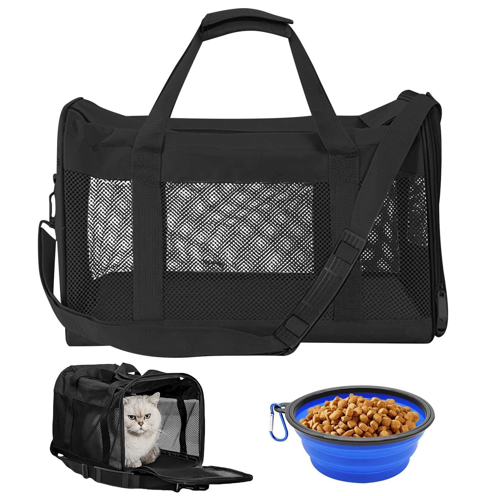 Trasportino gatto gatto borsa per animali domestici: 3 – 6 kg, pieghevole con ciotola pieghevole, borsa per il trasporto per gatti, cani di piccola taglia, colore nero