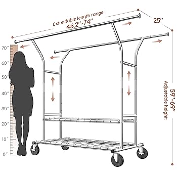 Raybee Heavy Duty Rolling Clothes Rack - 600LB Capacity, Double Rods, Locking Wheels & Storage Basket