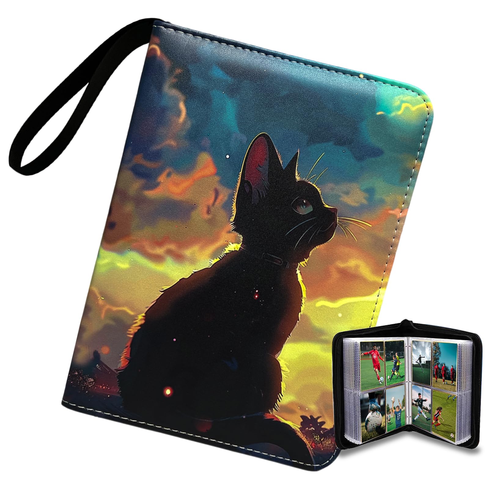 Album Portacarte Da Collezione Con Gatto - 50 Pagine Per 400 Carte - Con Cerniera E Maniglia
