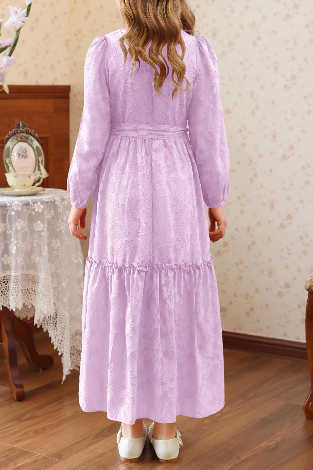 MITILLY Girls Long Sleeve Dress Elegant Floral Crew Neck Elastic Waist Formal Maxi Dresses with Belt 6-12 Years - Image 4