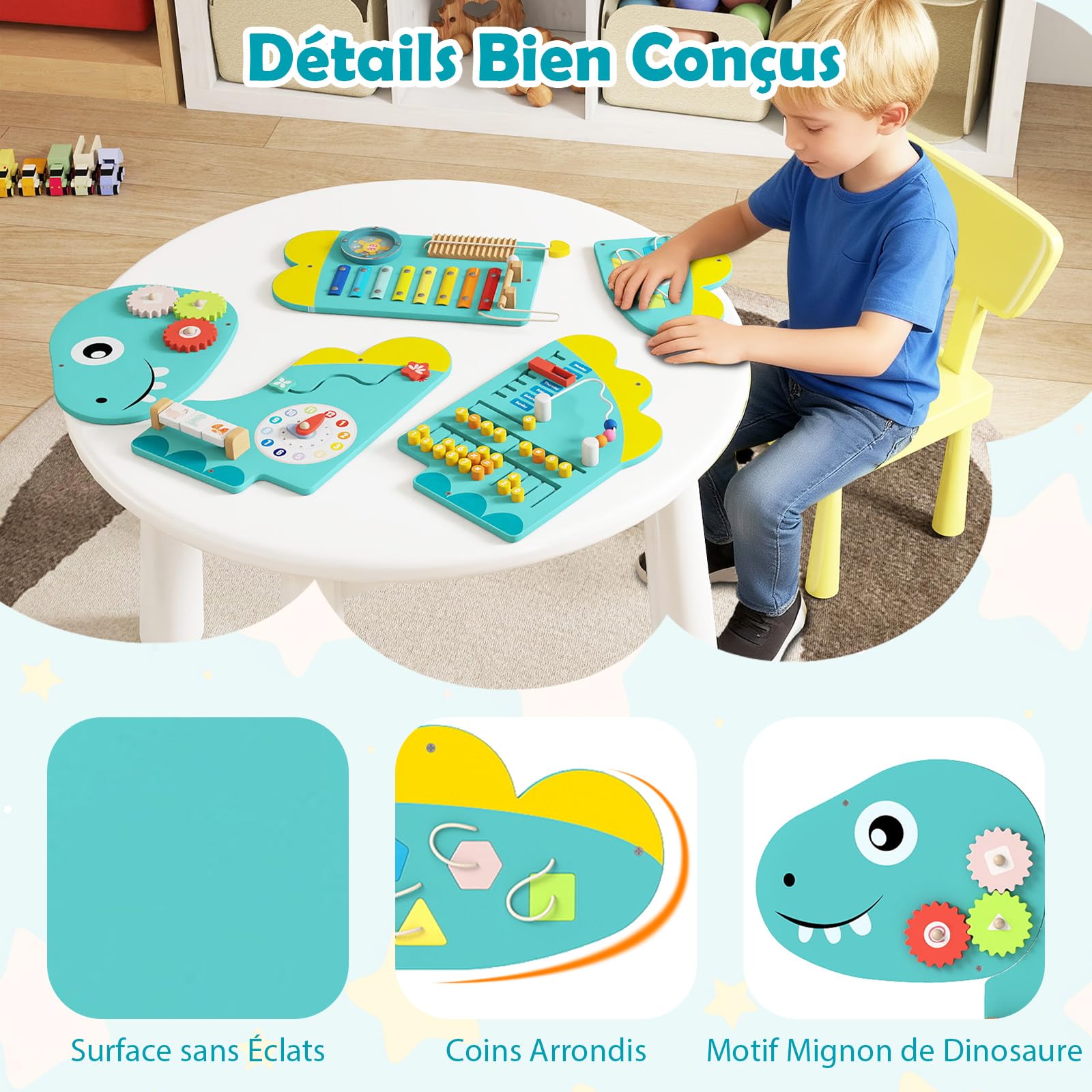 COSTWAY Busy Board Montessori en Forme Dinosaure avec 11 Jeux Sensoriel, Planche Tableau Activité Murale avec Xylophone & Horloge, Parcours Motricité Bébé pour Salle de Jeux, Crèche (Dinosaure Vert)