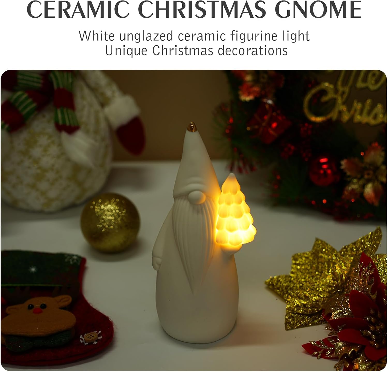White Ceramic Gnome Figurine with Christmas Tree Lighted, 7.5" Christmas Gnome Decoration, Light Up Xmas Tree with Timer, Gnomes Gifts for Women, Sandinavian Xmas Decor for Tabletop Mantel