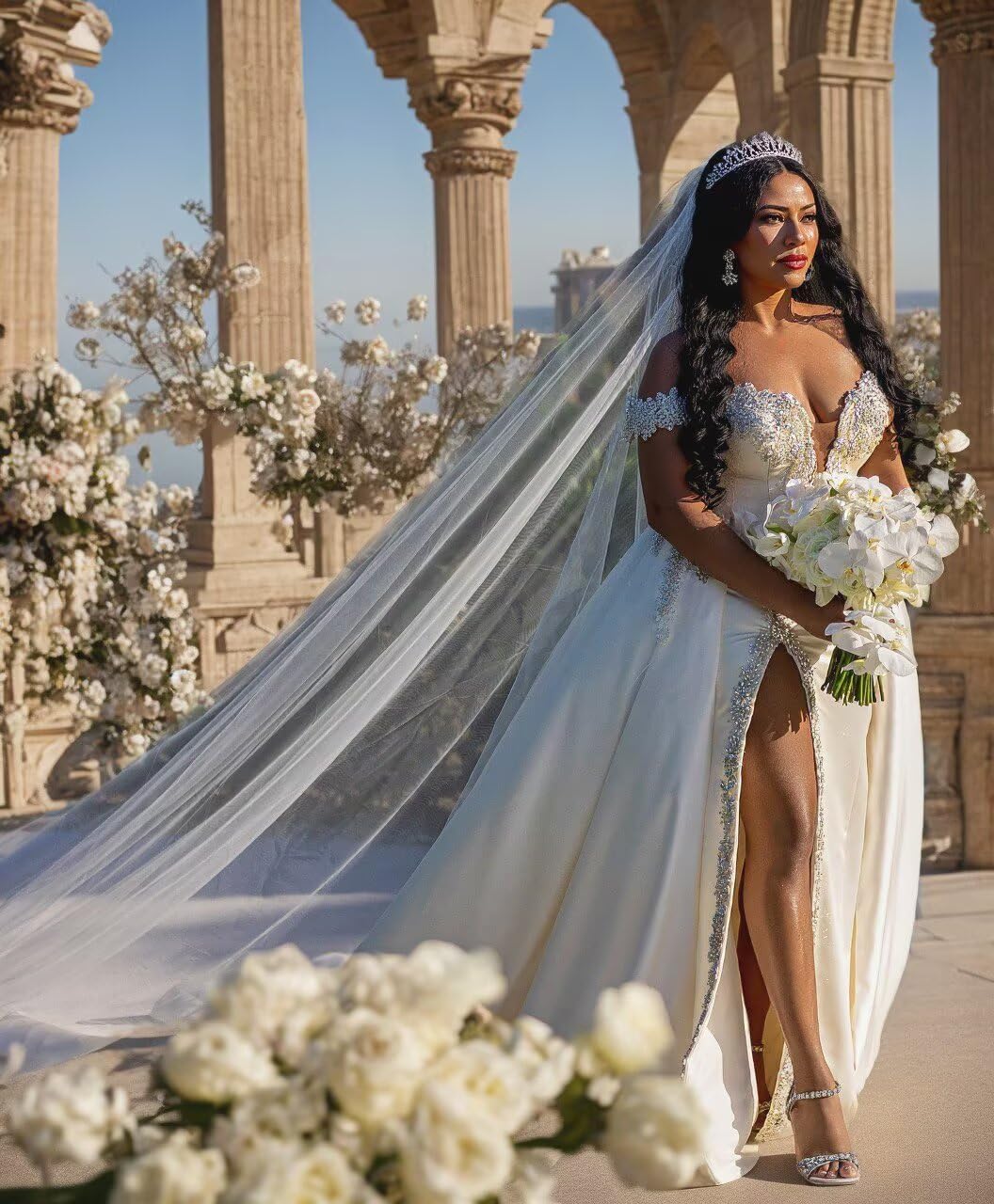 Xyiveaf Off Shoulder Long Wedding Dresses 2026 Crystals Beading White V-Neck Bridal Dress Satin Bride Wedding Gown with Slit - Image 4