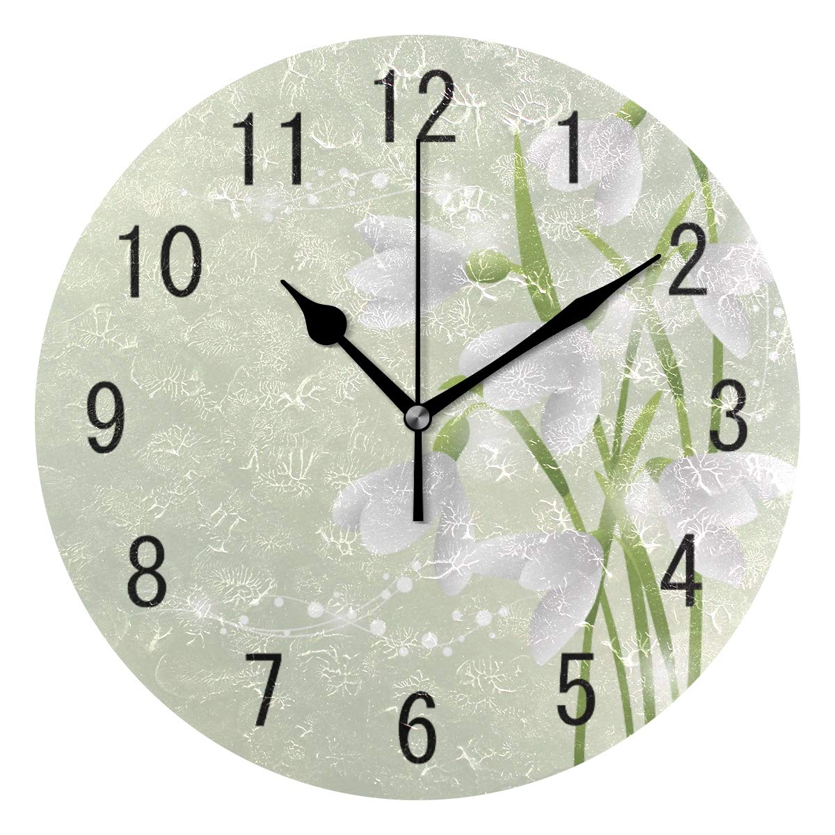 Use7 Home Decor White Snowdrop Floral Round Acrylic Wall Clock Non Ticking Silent Clock Art for Living Room Kitchen Bedroom