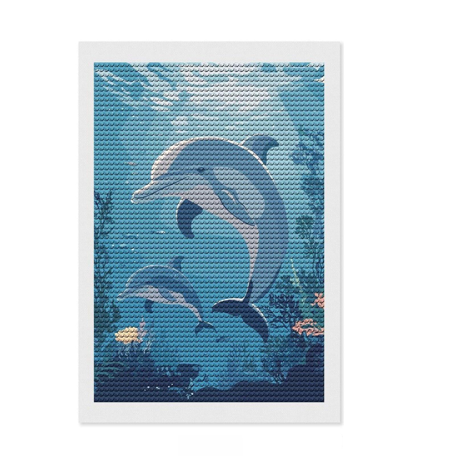 Junmoney Dolphins Underwater Diamond Painting Set 8"x12", Complete Accessories, Satisfying Creative Project, Stress Relief Craft, Office Decor