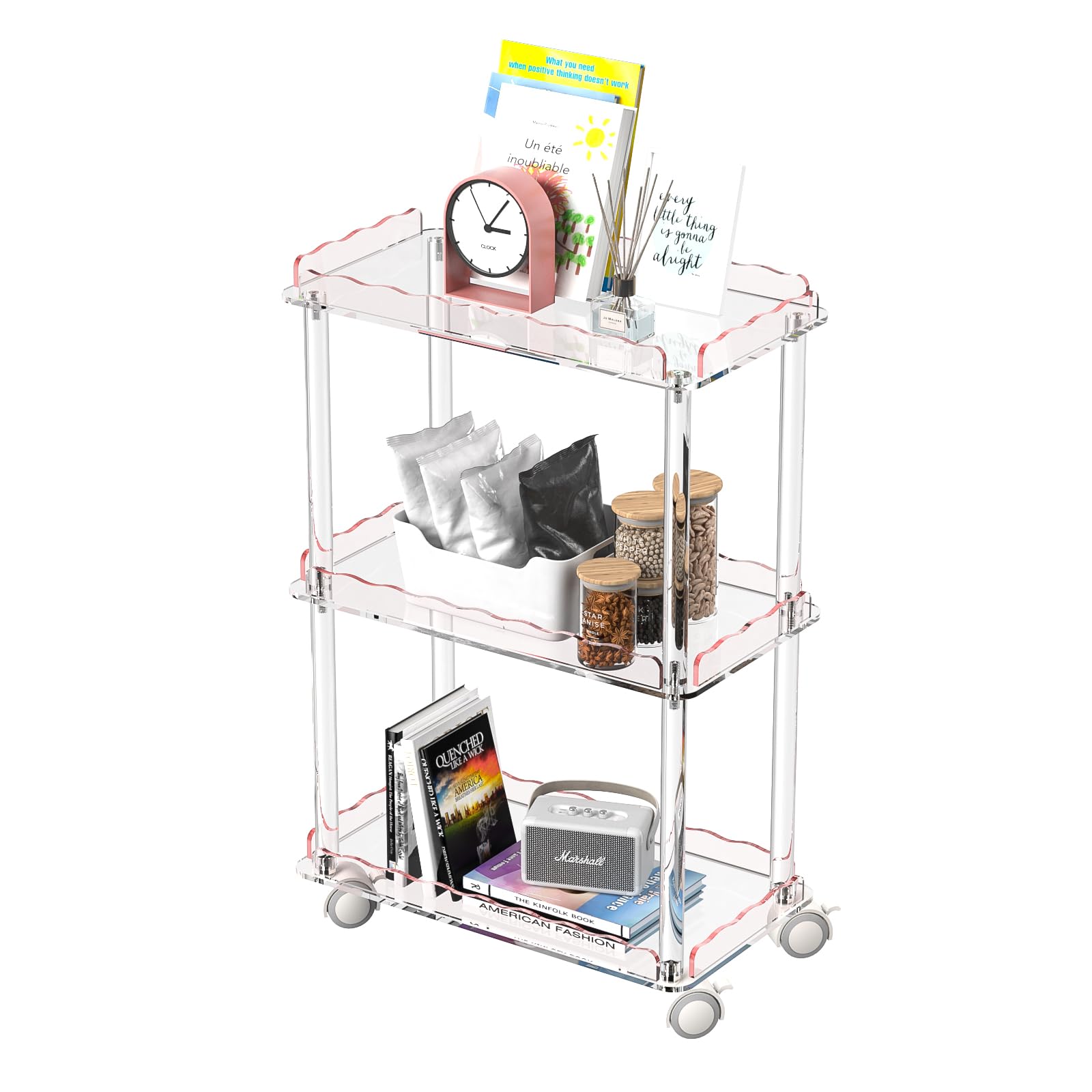 AQUIVER Acrylic Slim Storage Cart - 3 Tiers Narrow Rolling Cart - Utility Cart with Wheels for Living Room, Bedroom, Bathroom, Kitchen, Laundry - 15.6'' L x 8.7'' W x 23.6'' H, Clear Pink
