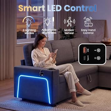 Corner Sofa Bed, U Shaped Pull Out Sleeper Sectional Couch Bed with USB & Type-C Ports, Adjustable LED Lights, 3 Seater Convertible Sofa Bed with Storage Chaise and Cup Holders for Living Room, Grey