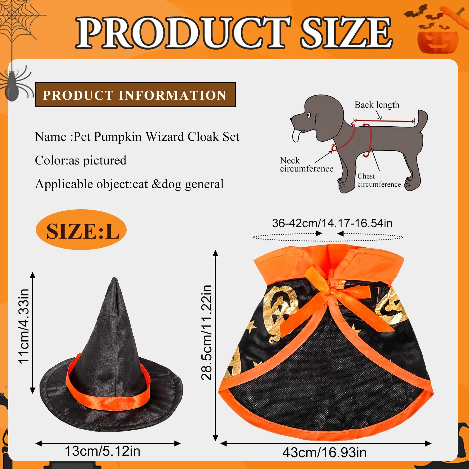 Pet Wizard Costume Cape with Adjustable Witch Hat for Small Medium Dogs & Cats - Halloween & Christmas Outfits (Orange, L) - Image 2