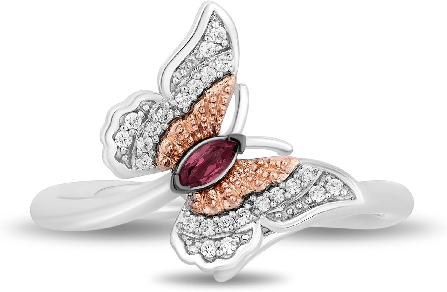 Jewelili Enchanted Disney Fine Jewelry Sterling Silver and 10K Rose Gold 1/10 CTTW Diamond and Rhodolite Garnet Mulan Butterfly Ring