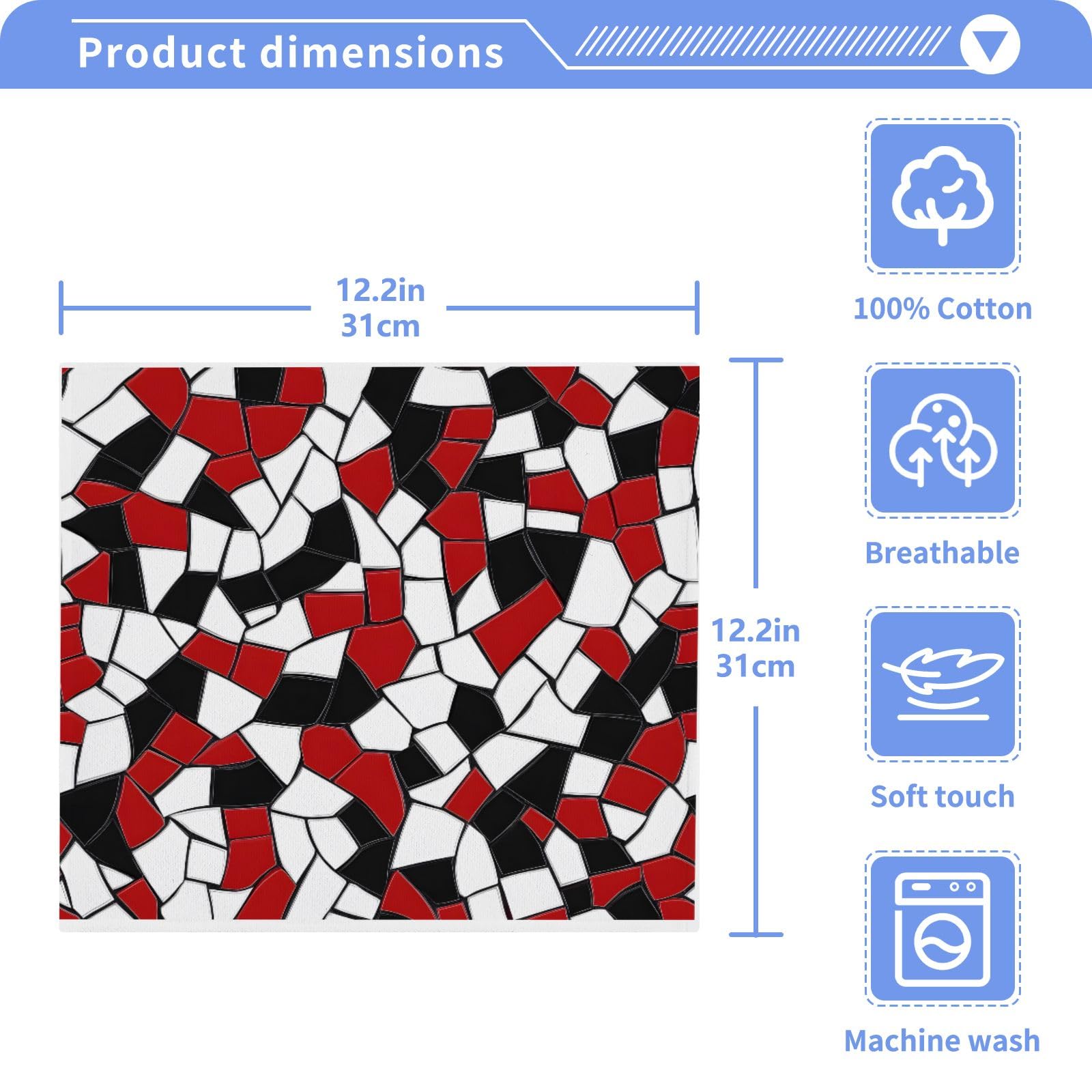 ALAZA Wash Cloth Set 100% Cotton Fingertip Towels Face Cloths Sets Mosaic White Red Black Highly Absorbent Soft Feel Set of 2