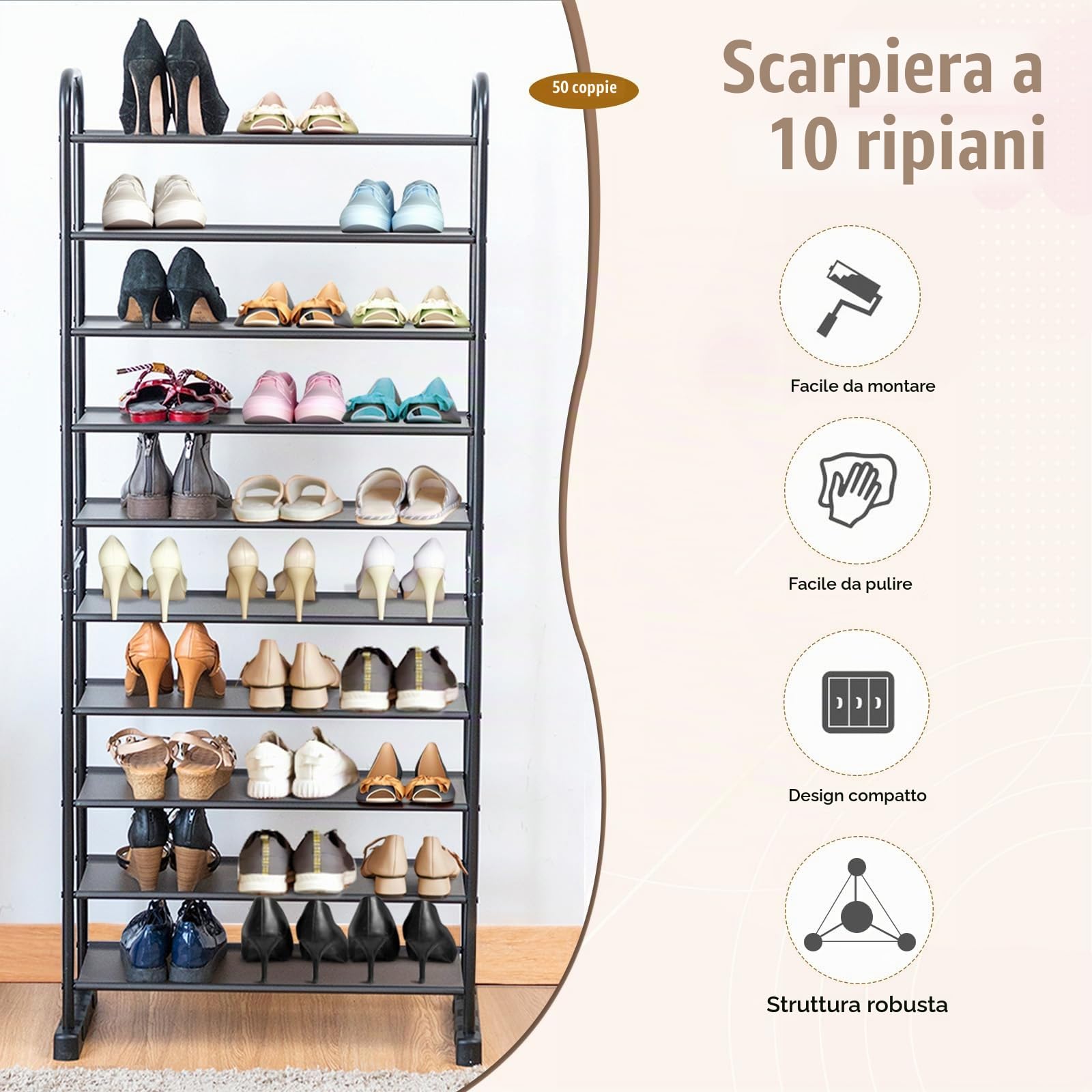 HOMASIS Scarpiera a 10 Ripiani, Scarpiera Salvaspazio, Scaffale Portascarpe in Metallo, Fino a 30 Paia di Scarpe, da Soggiorno, Ingresso, Corridoio, 66 x 29 x 152 cm, Nero