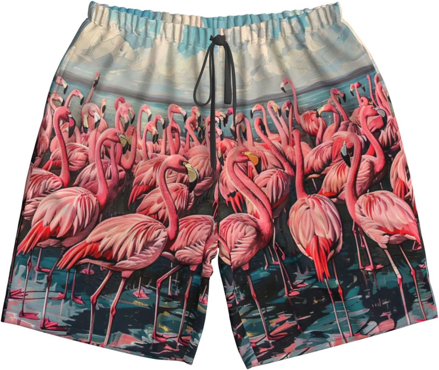 Flamingo Print Men's Quick-Drying Shorts Casual Beach Pants Stretch Waist Shorts and Pockets