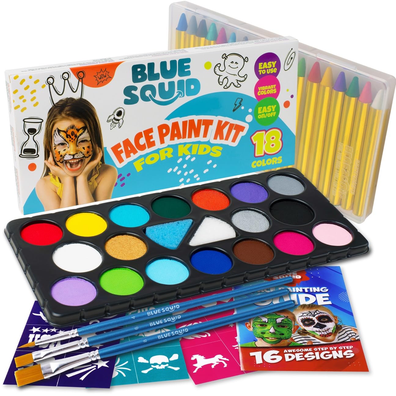 Blue Squid Body Crayon Sticks & Face Paint Kit Bundle - 18 XL Crayons & Markers for Skin & 18-color Face Painting Kit for Kids with 24x Stencils, Brushes, and Design Book, Ideal for Toddlers & Parties