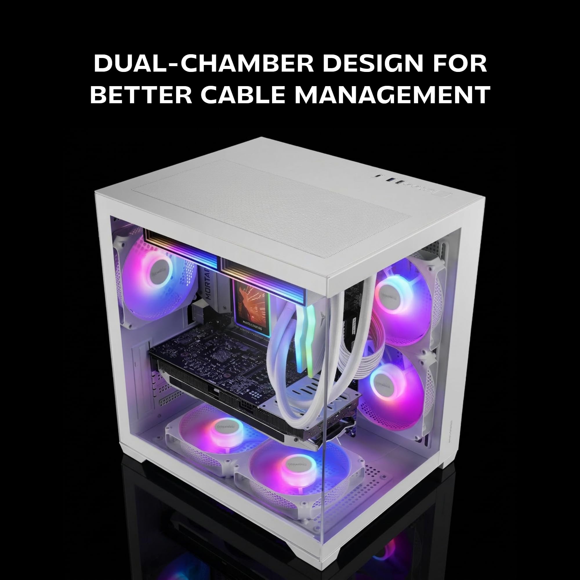 Mars Gaming MC-VIEW3, Obudowa PC MicroATX, panoramiczne szkło hartowane, 3x wentylatory ARGB 120mm, podwójna komora, wsparcie chłodzenia cieczą do 240mm, kompaktowa miniwieża z USB-C, Biały